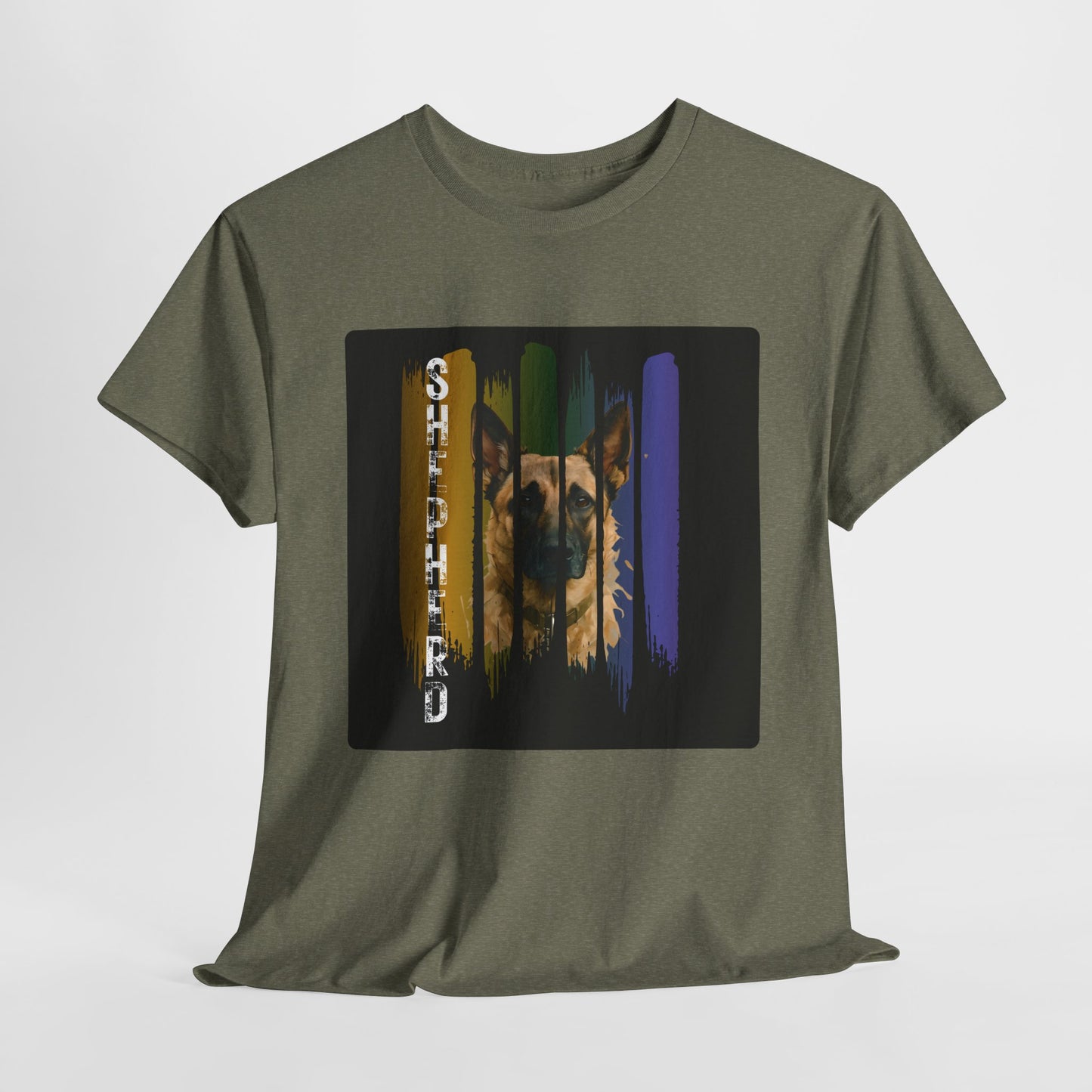 Green t-shirt with a graphic of a dog's face on a white background