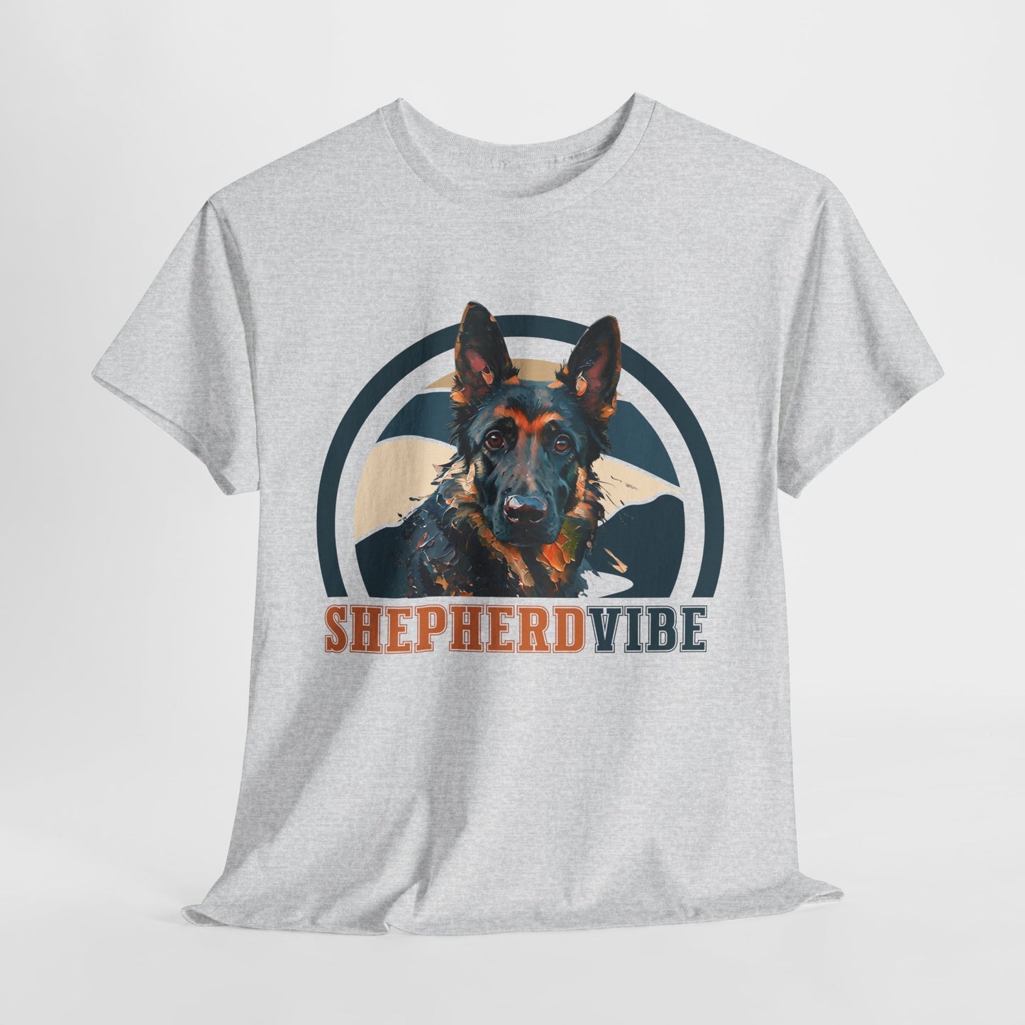 Gray t-shirt with a graphic of a German Shepherd and 'Shepherd Vibe' text on a white background