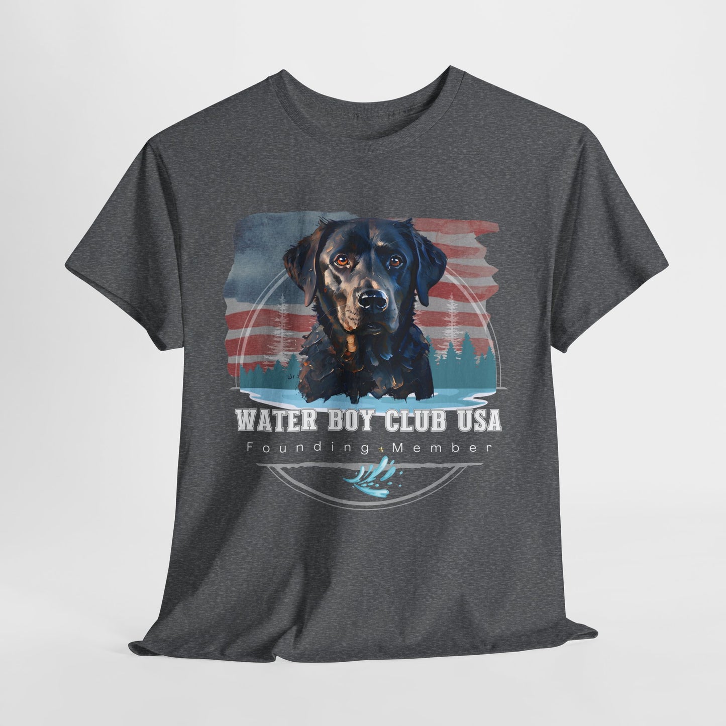 Gray t-shirt with a dog graphic and 'Water Boy Club USA' text on a white background