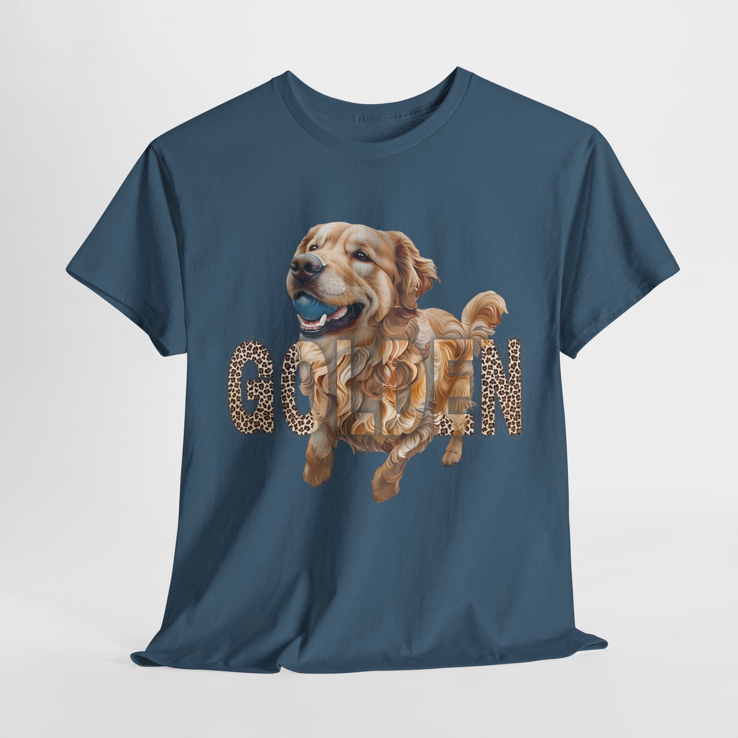 Blue t-shirt with a golden retriever graphic and 'GOODE' text on a white background