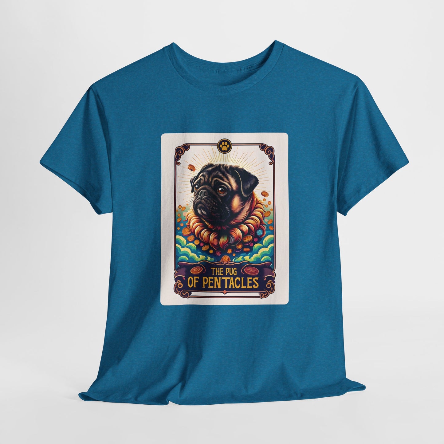 Blue t-shirt with a graphic of a pug on a tarot card design.