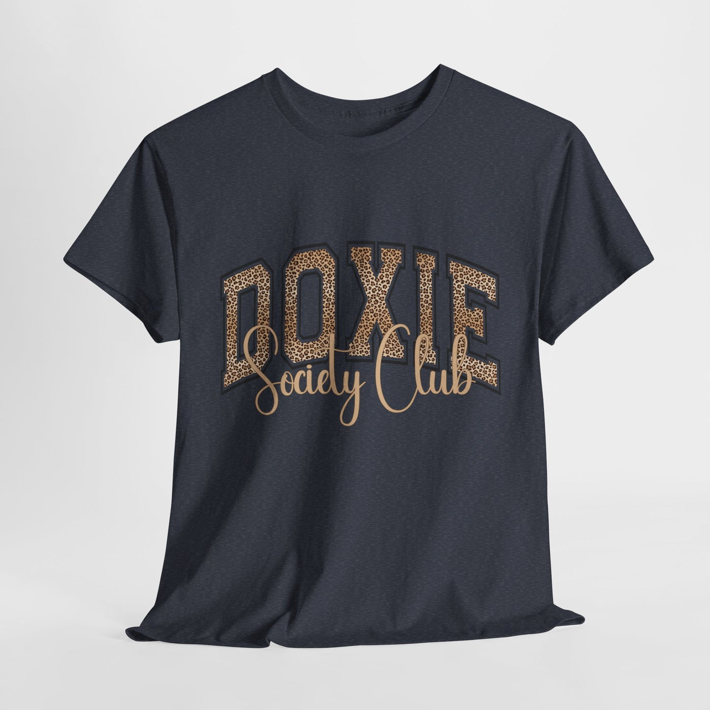 Black t-shirt with 'Doxie Society Club' text in gold on a light gray background
