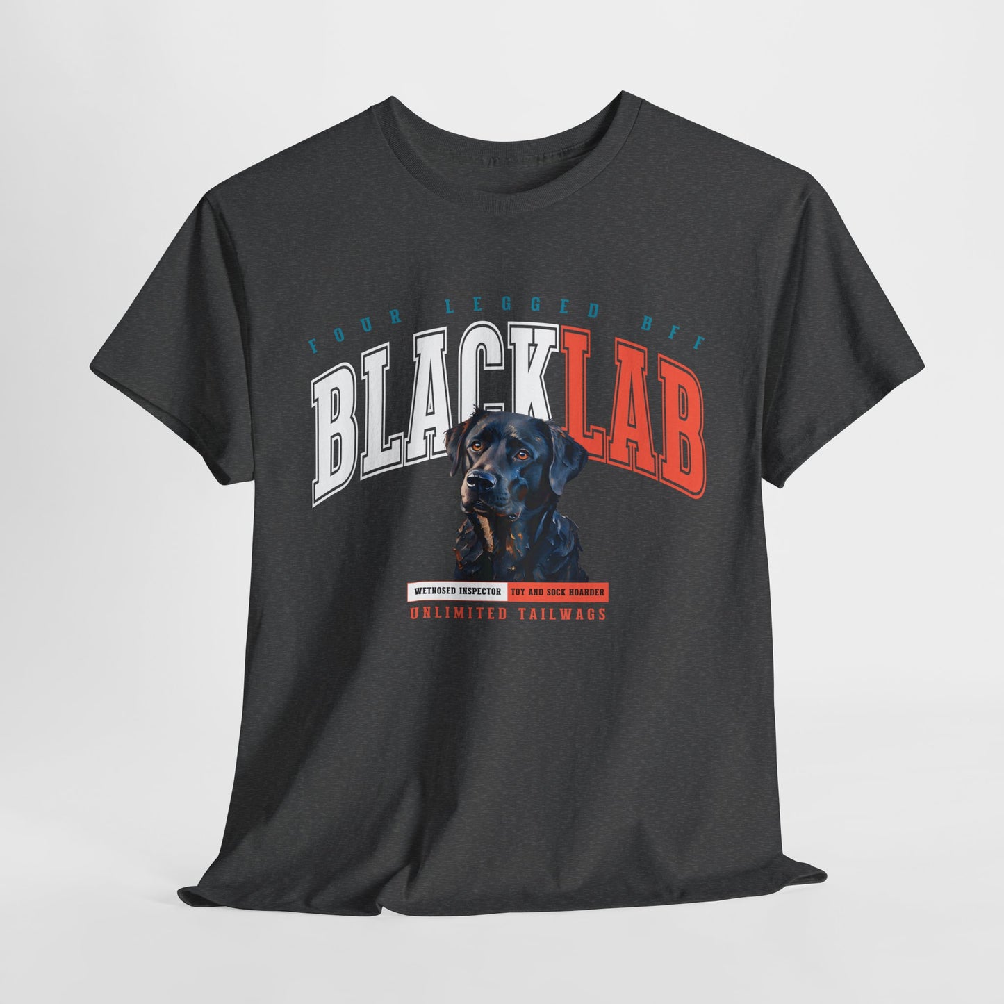 Black t-shirt with 'BLACK LAB' graphic and dog illustration on a light gray background