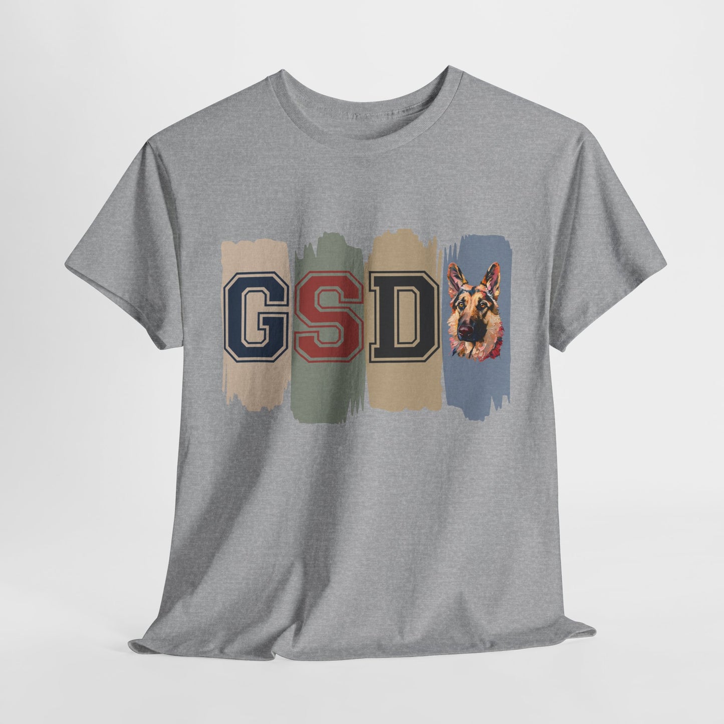Gray t-shirt with 'GSD' letters and a dog illustration on a white background