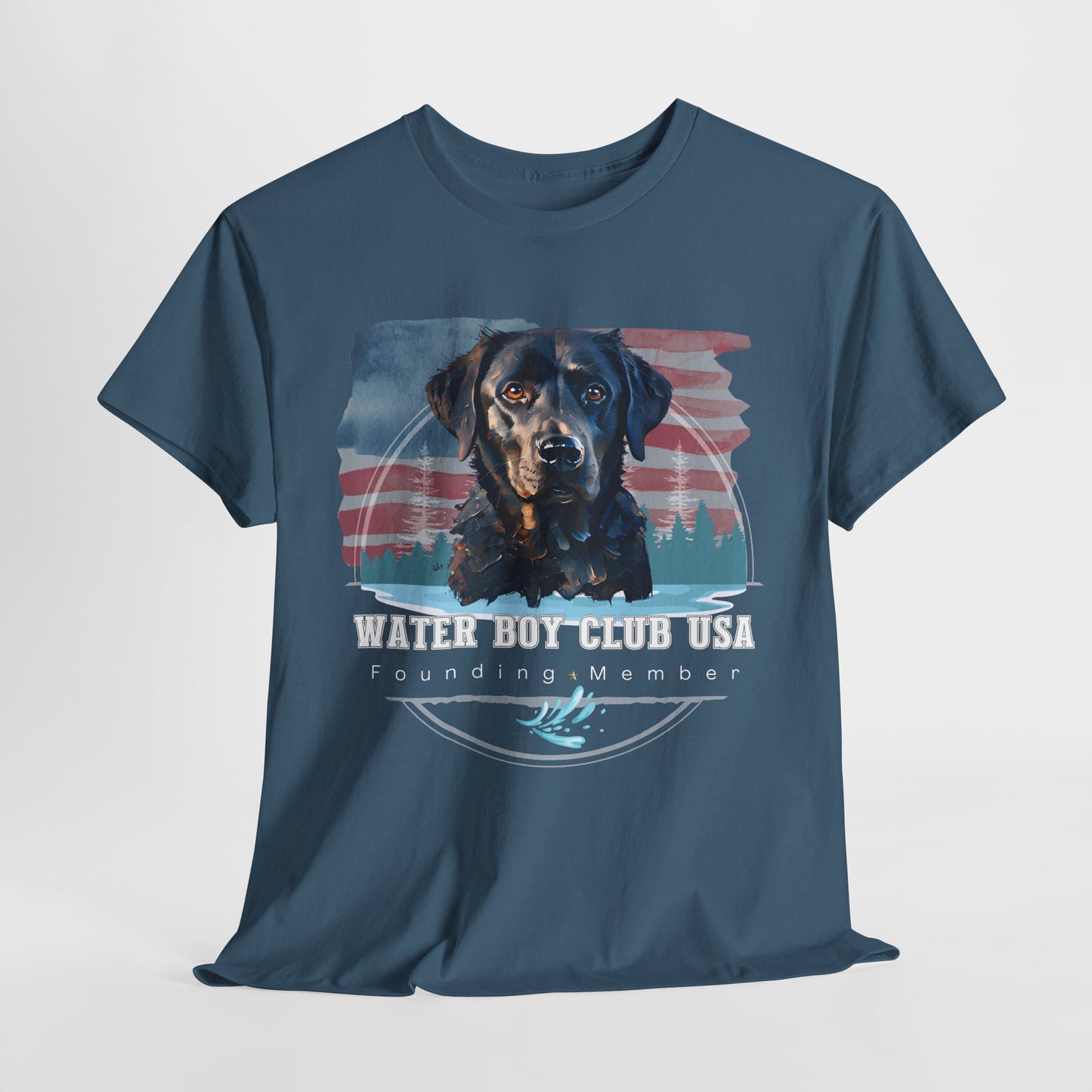 Navy blue t-shirt with a dog graphic and 'Water Boy Club USA' text on a light gray background
