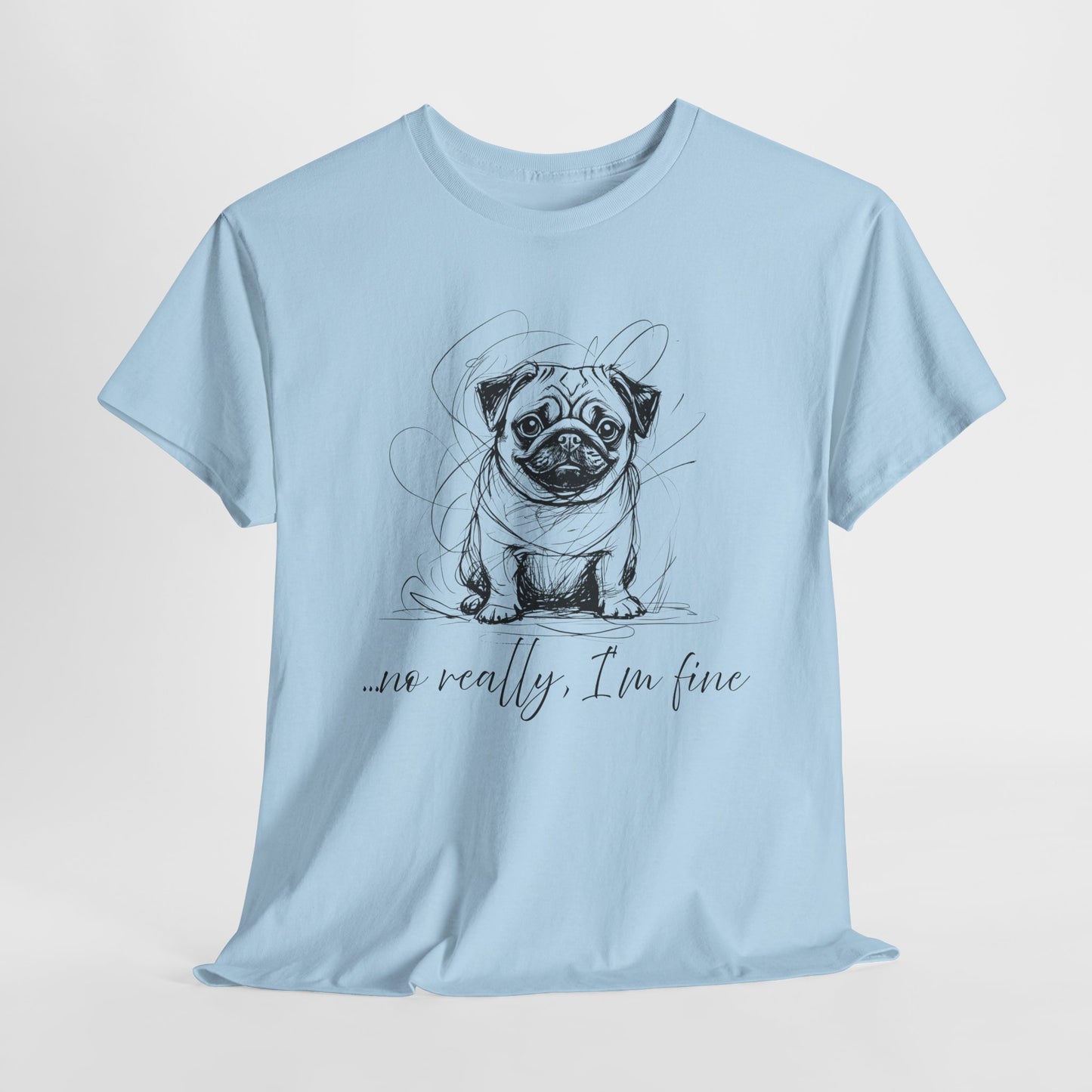 Light blue t-shirt with a pug graphic and text on a white background