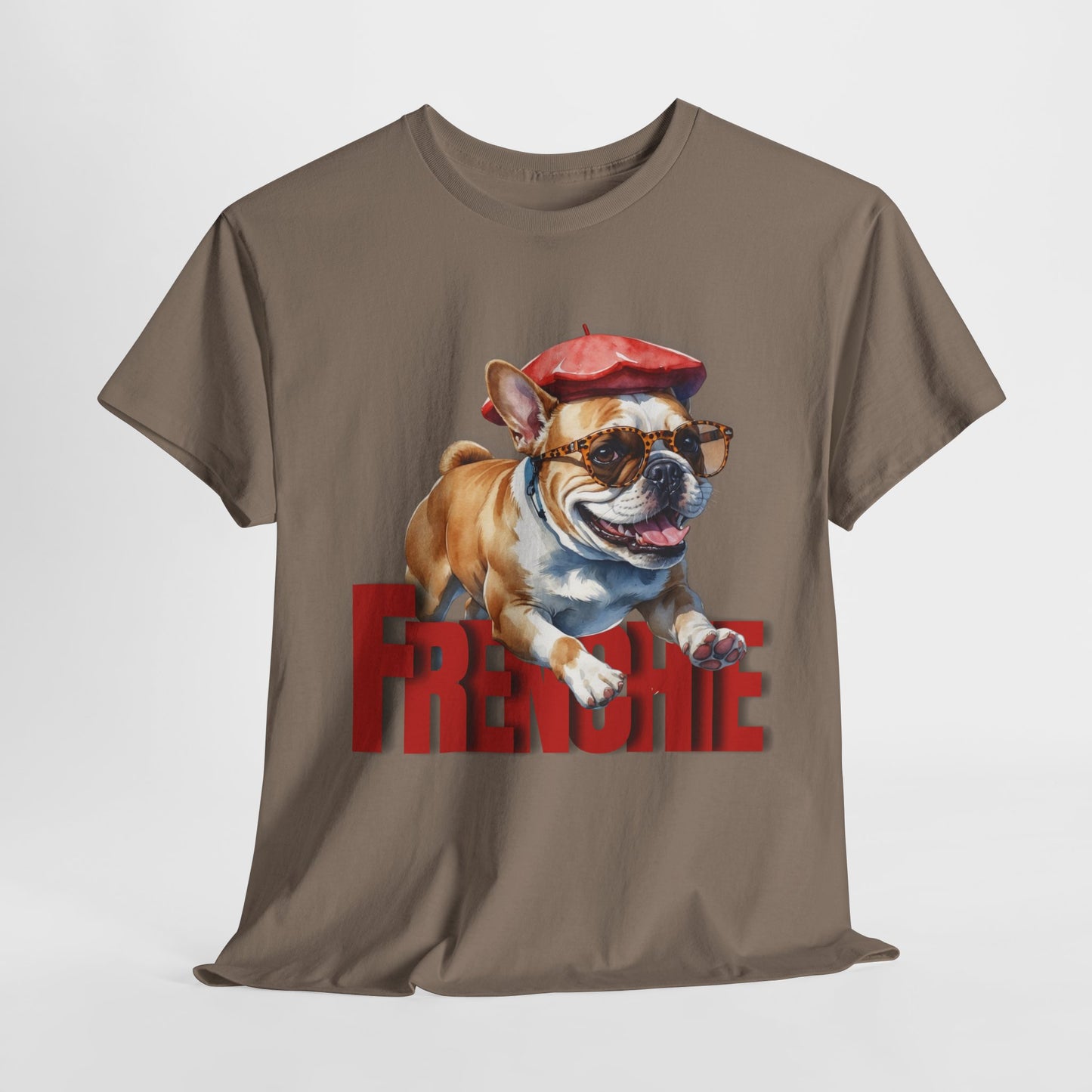T-shirt with a dog wearing a beret and sunglasses and the word 'Freche' on a beige background