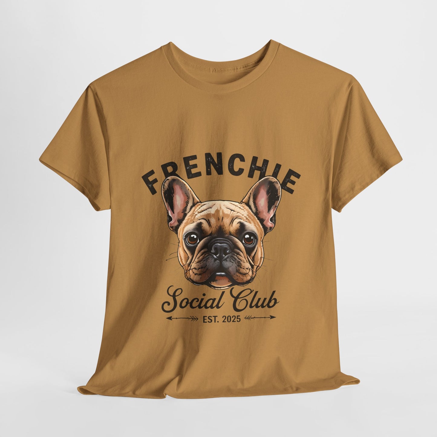Brown t-shirt with a French Bulldog graphic and text on a white background