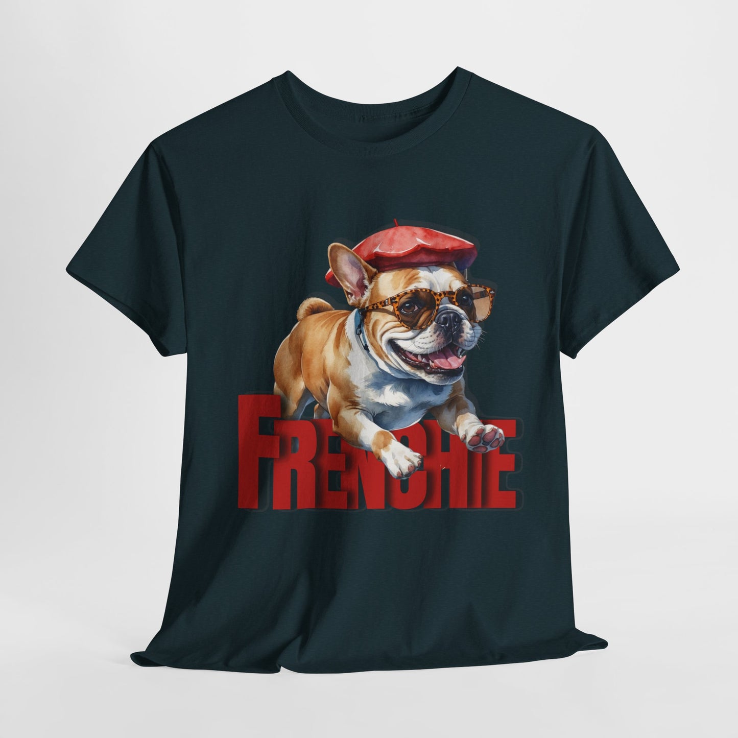 Black t-shirt with a bulldog graphic and 'FRENCHIE' text on a white background