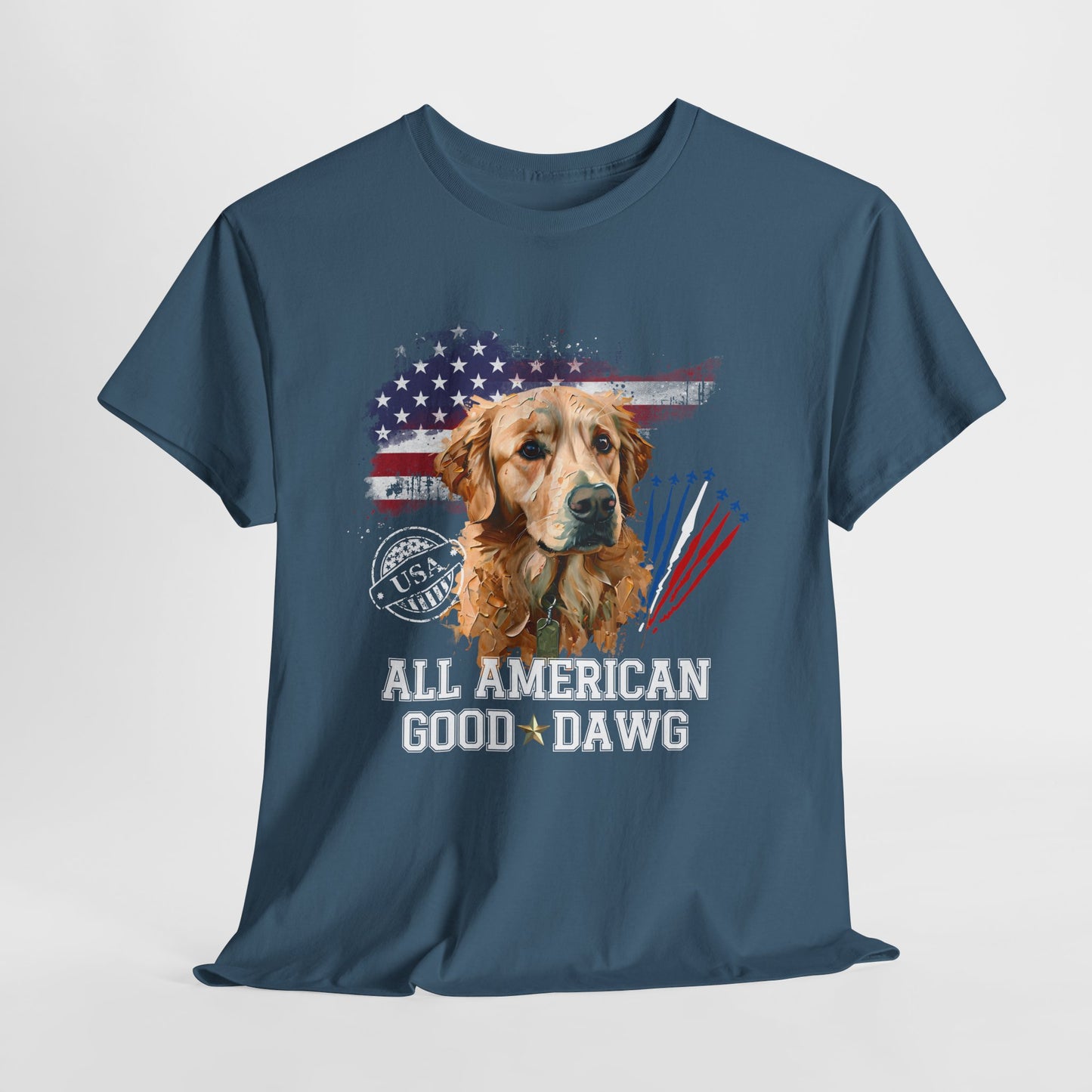 Blue t-shirt with a dog graphic and 'All American Good Dawg' text on a white background