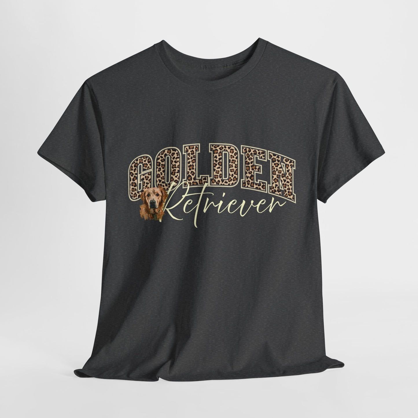 Black t-shirt with 'Golden Retriever' text and dog graphic on a white background