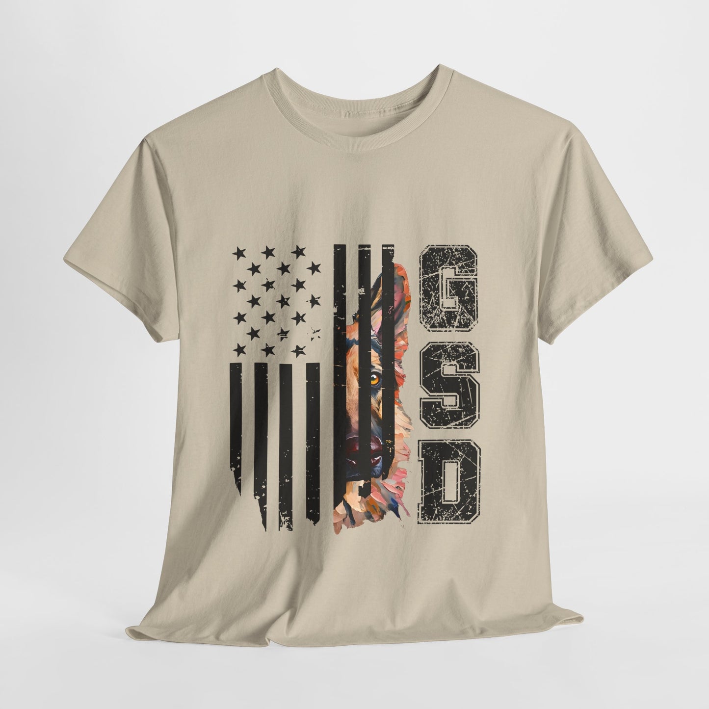 Beige t-shirt with American flag and floral design on a white background