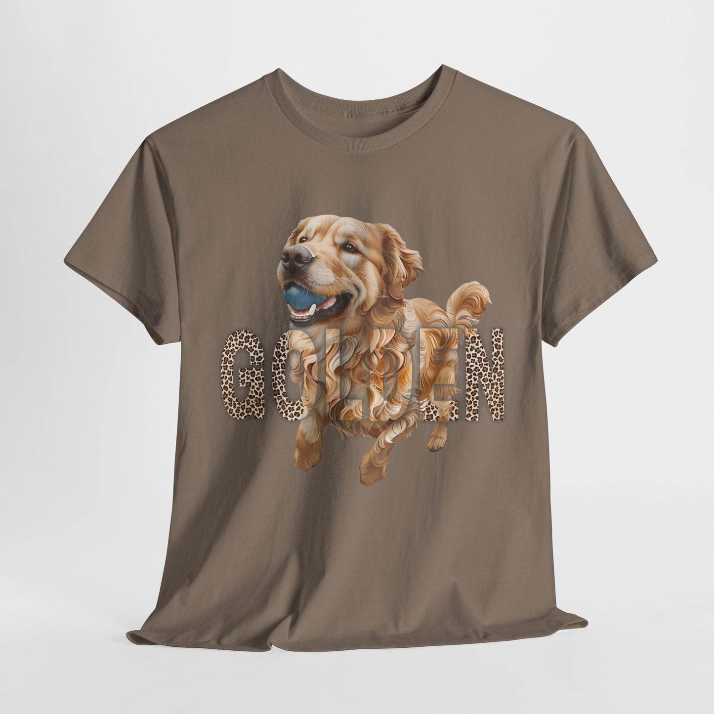 Brown t-shirt with a dog graphic and text on a white background