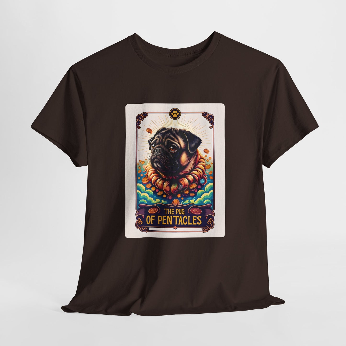 Black t-shirt with a graphic of a pug on a tarot card design, featuring the text 'The Pug of Pentacles', on a white background.