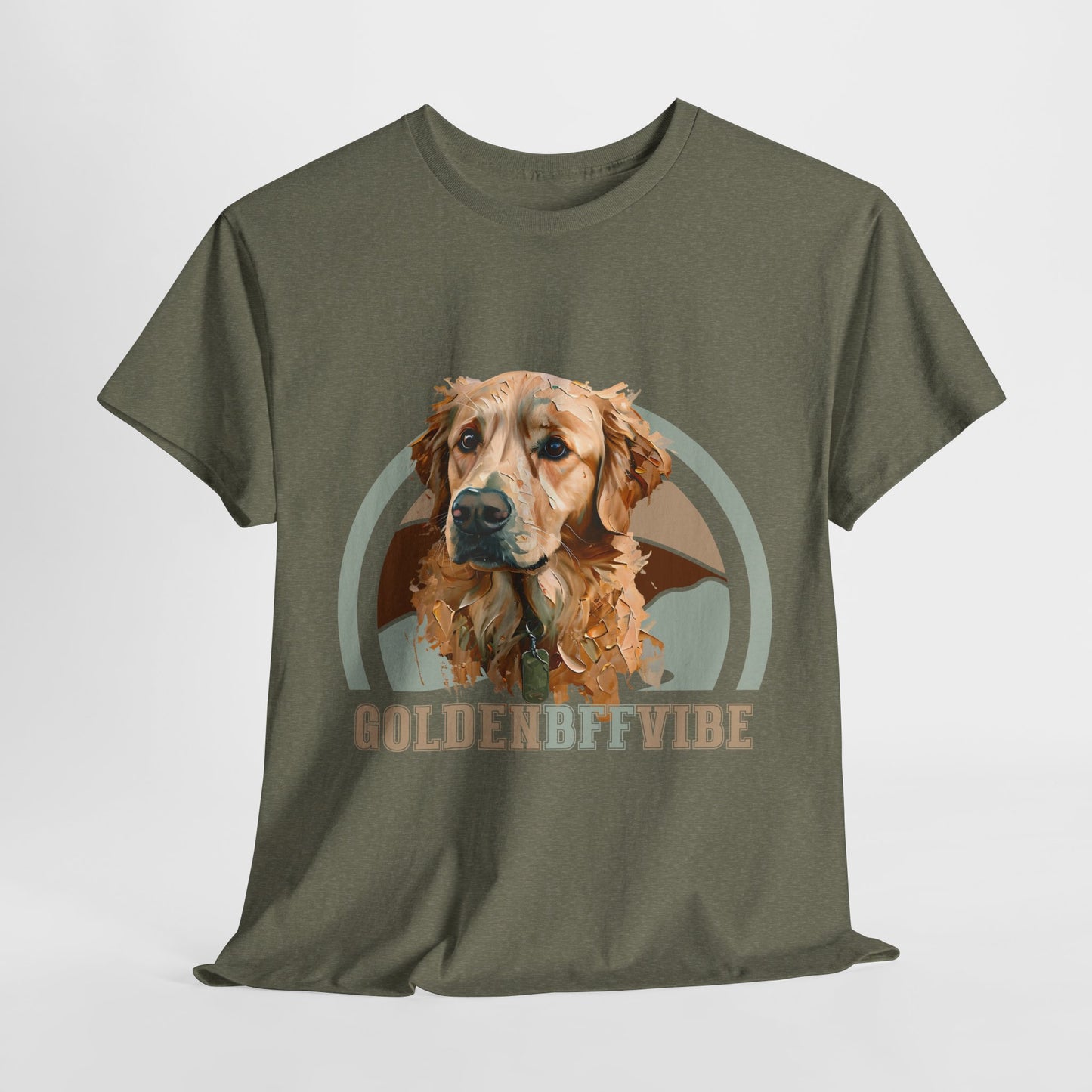 Green t-shirt with a dog graphic and 'GOLDEN BFF VIBE' text on a white background