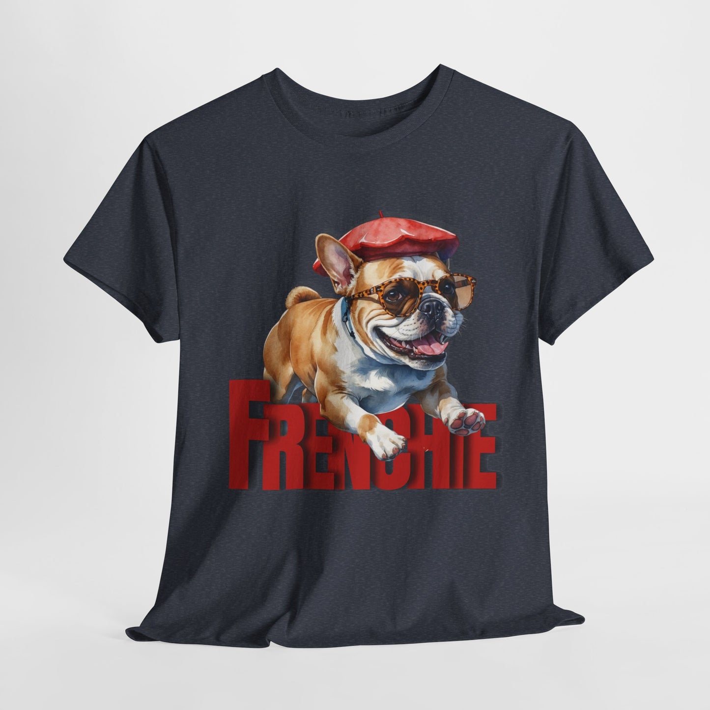 Black t-shirt with a bulldog graphic and 'FRENCHIE' text on a white background
