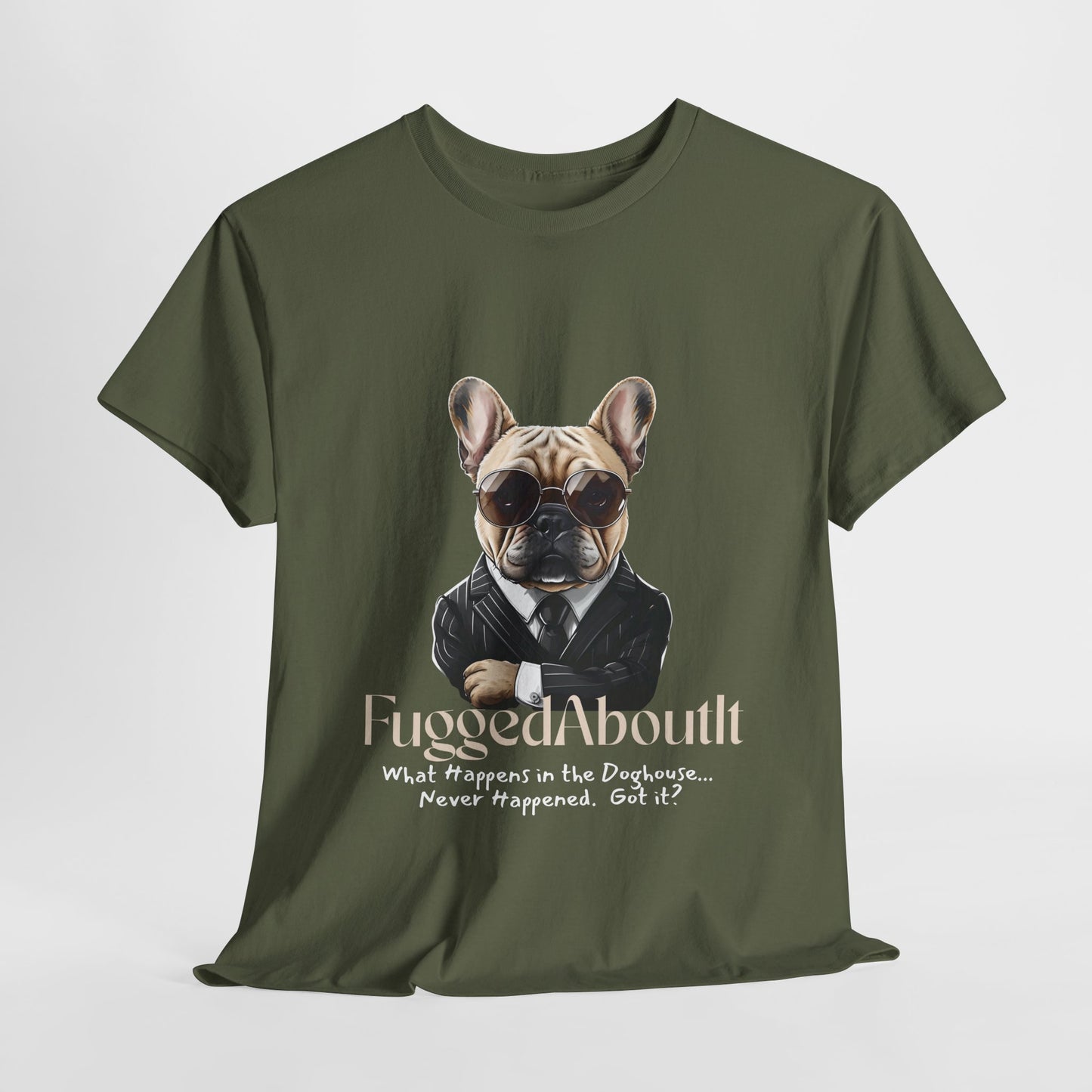 Green t-shirt with a dog graphic and text on a white background