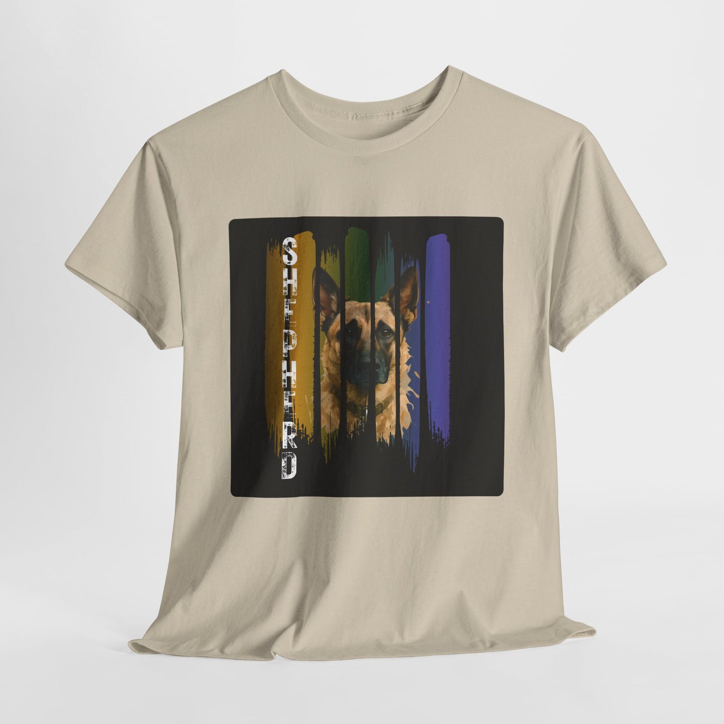 Beige t-shirt with a graphic design on a white background