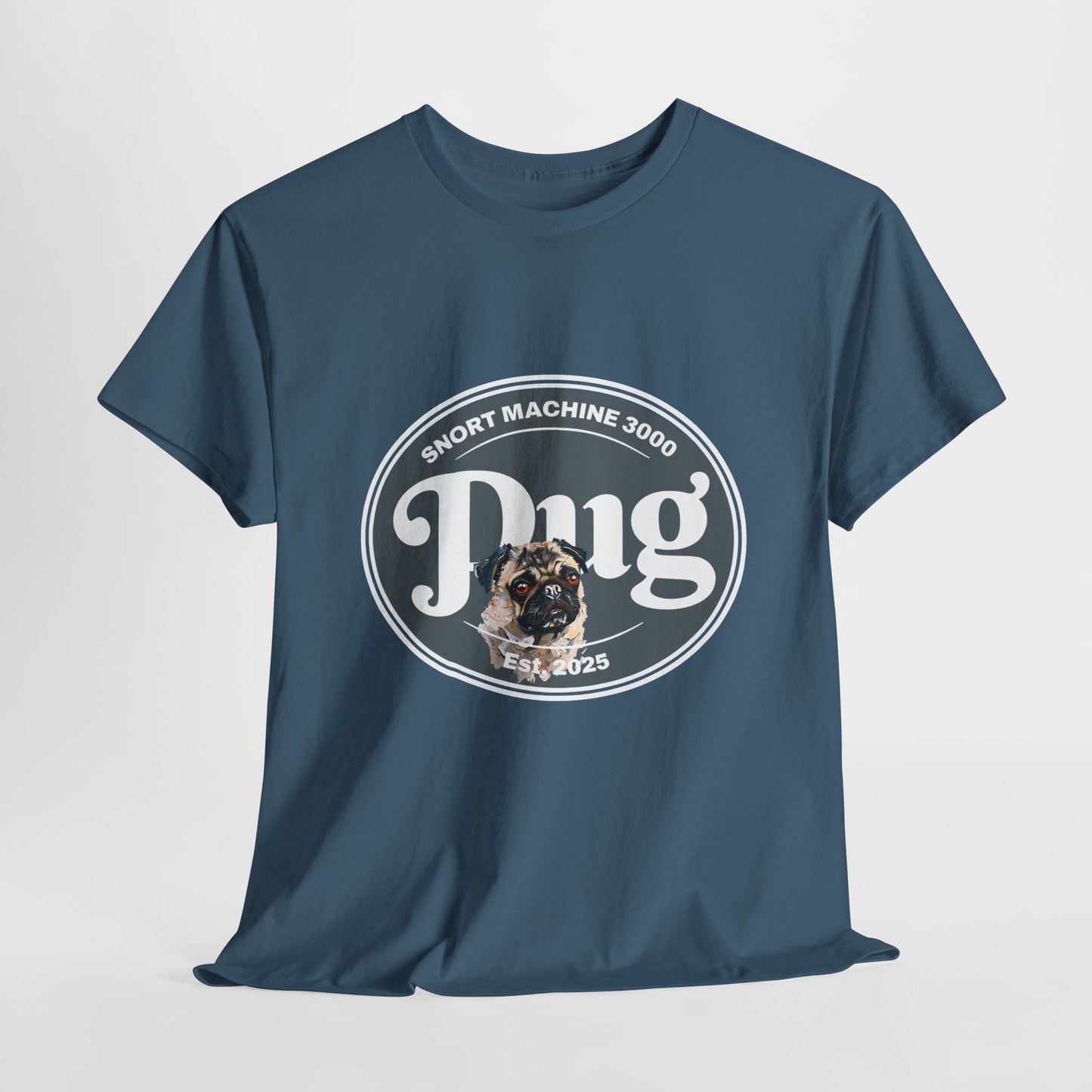 Blue t-shirt with a pug graphic and text on a white background