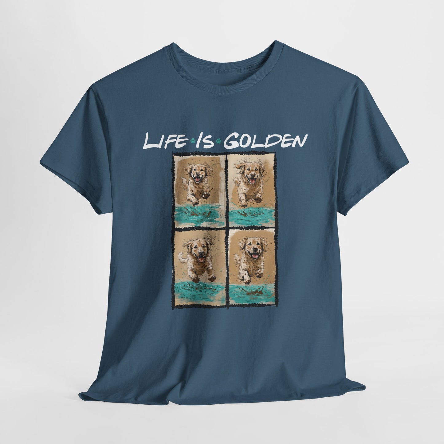 Blue t-shirt with 'Life is Golden' text and dog images on a white background