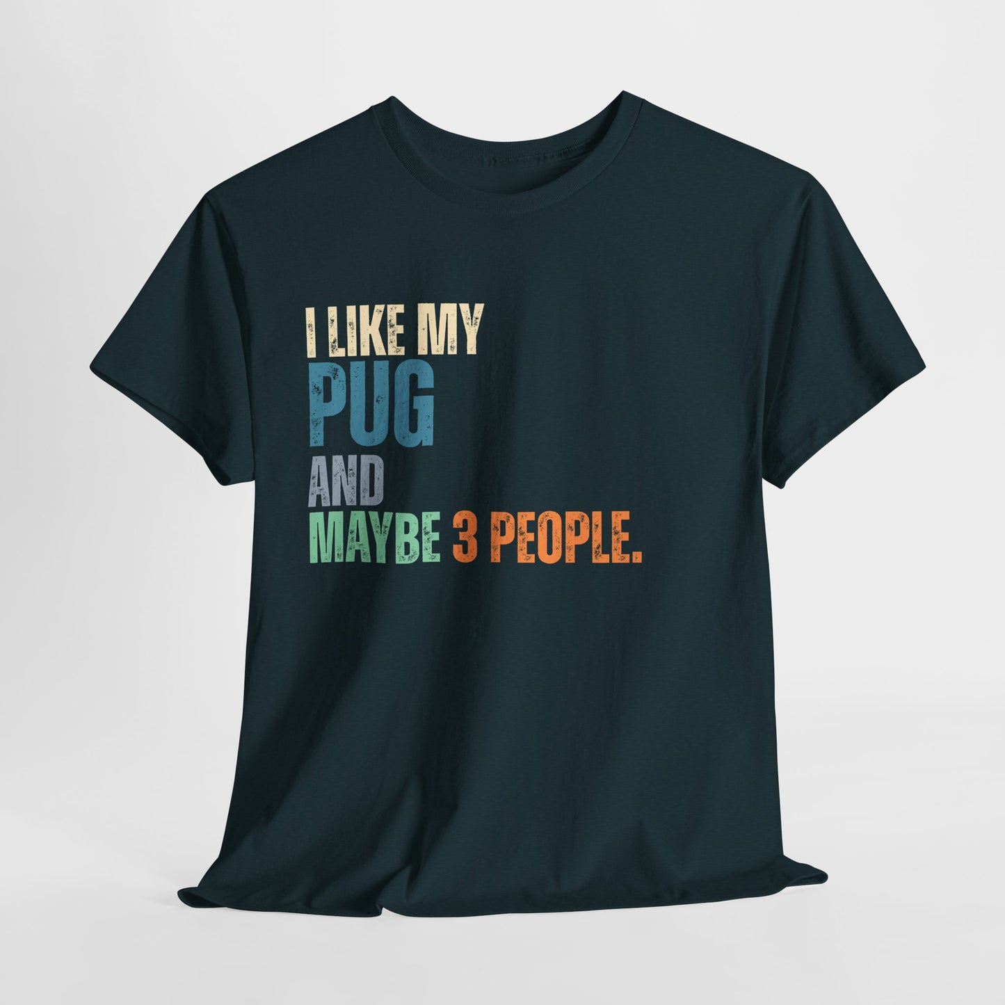 Black t-shirt with colorful text 'I LIKE MY PUG AND MAYBE 3 PEOPLE.' on a light gray background