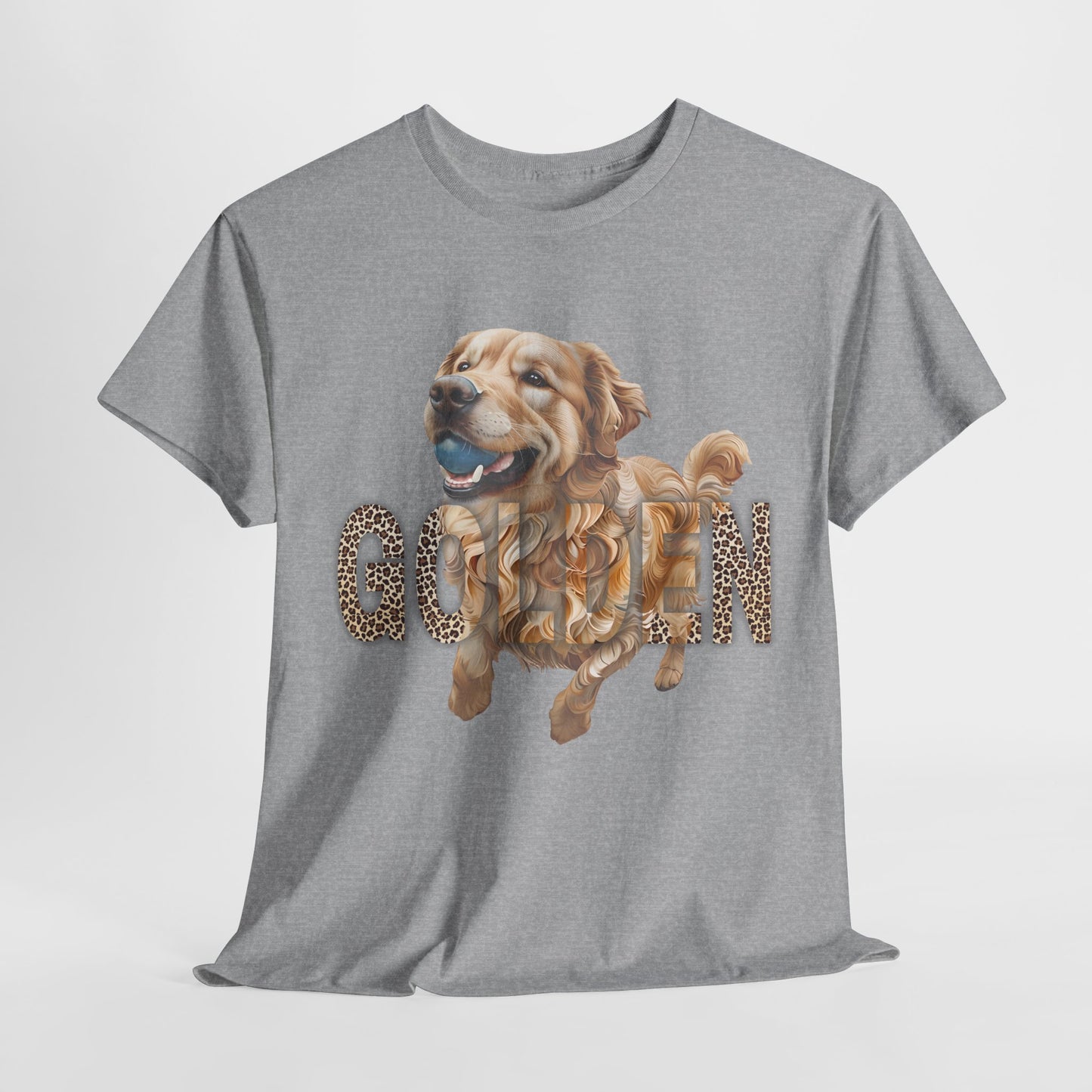 Gray t-shirt with a golden retriever graphic and 'GOLDEN' text on a light gray background