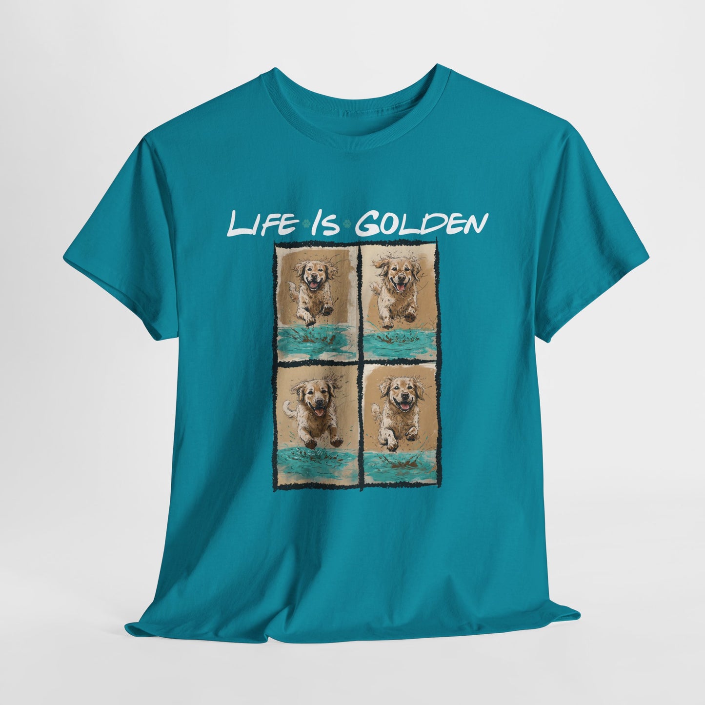 Teal t-shirt with 'Life is Golden' text and dog images on a white background