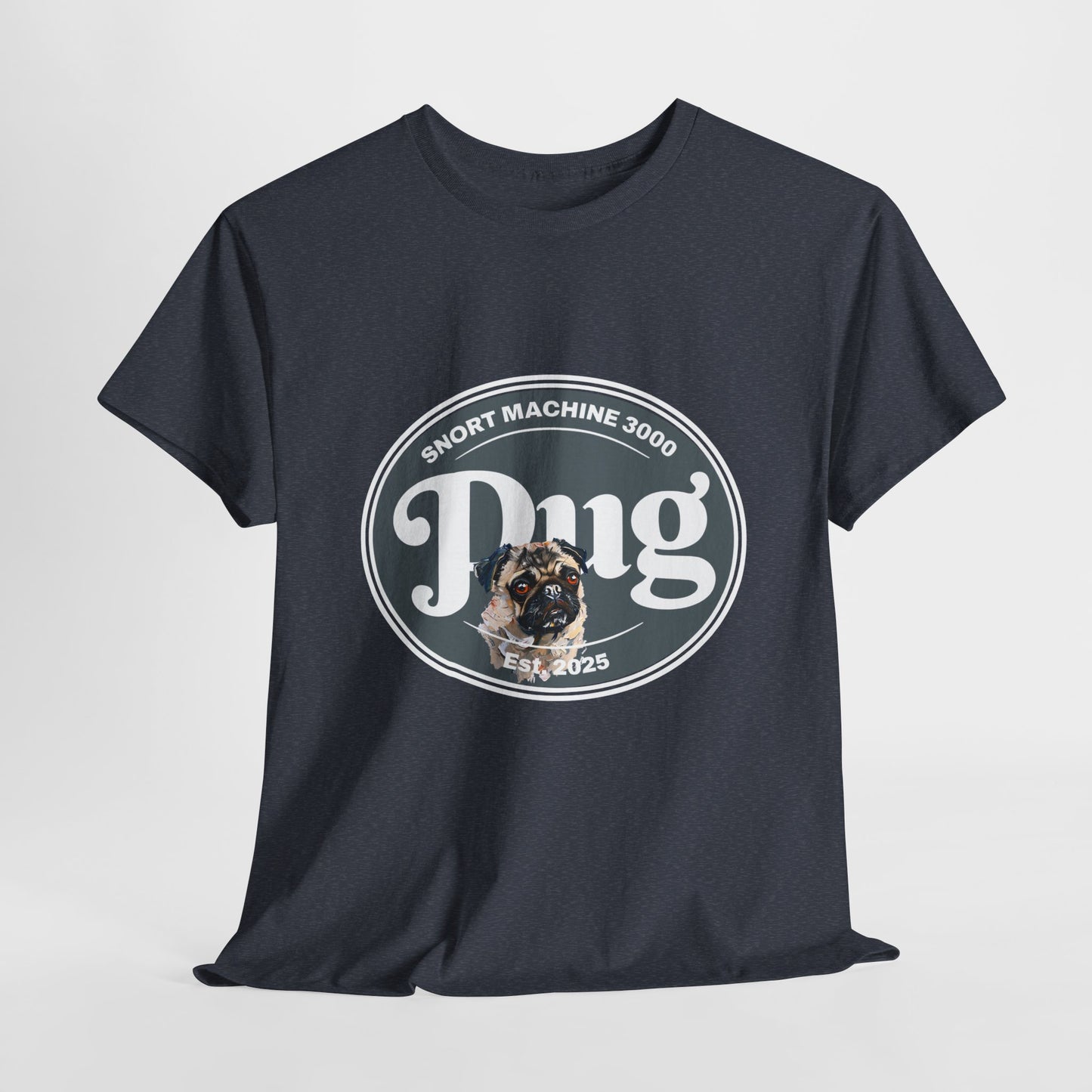 Black t-shirt with a graphic of a pug and text on a light gray background