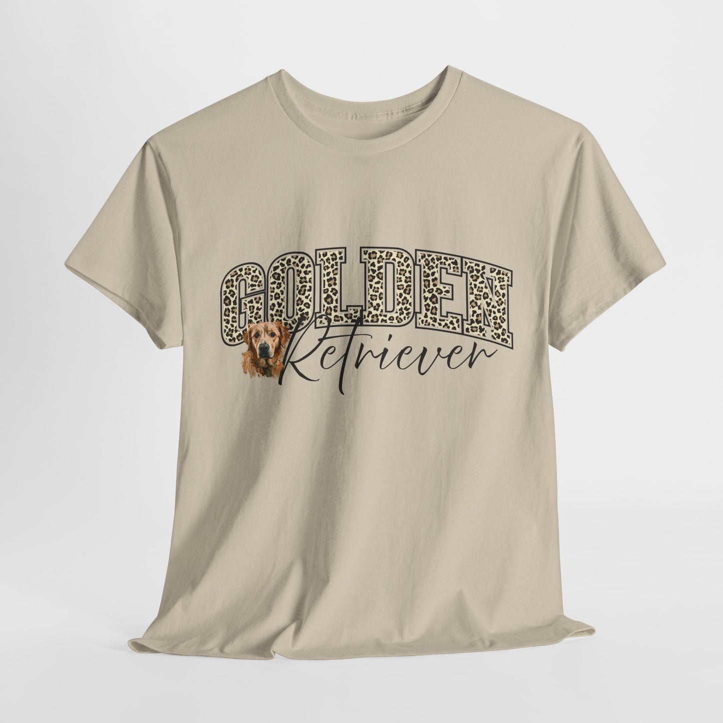 Beige t-shirt with 'Golden Retriever' text and dog graphic on a white background