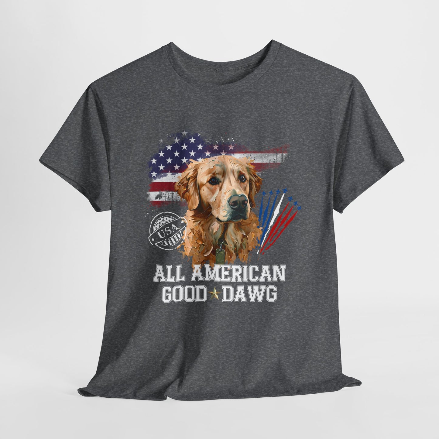 Gray t-shirt with a dog graphic and 'All American Good Dawg' text on a white background