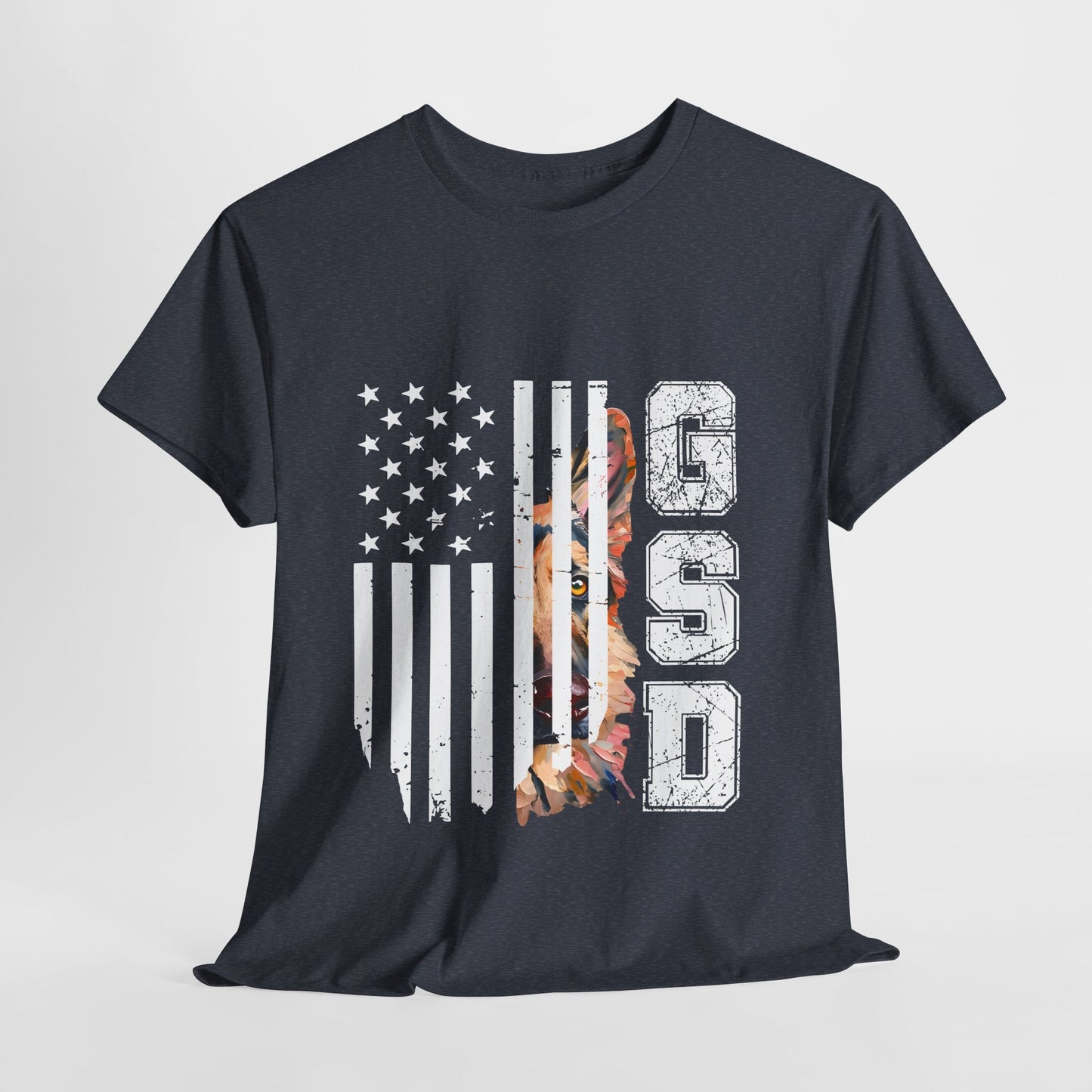 Heather Navy blue t-shirt with American flag and 'GSD' design on a light gray background