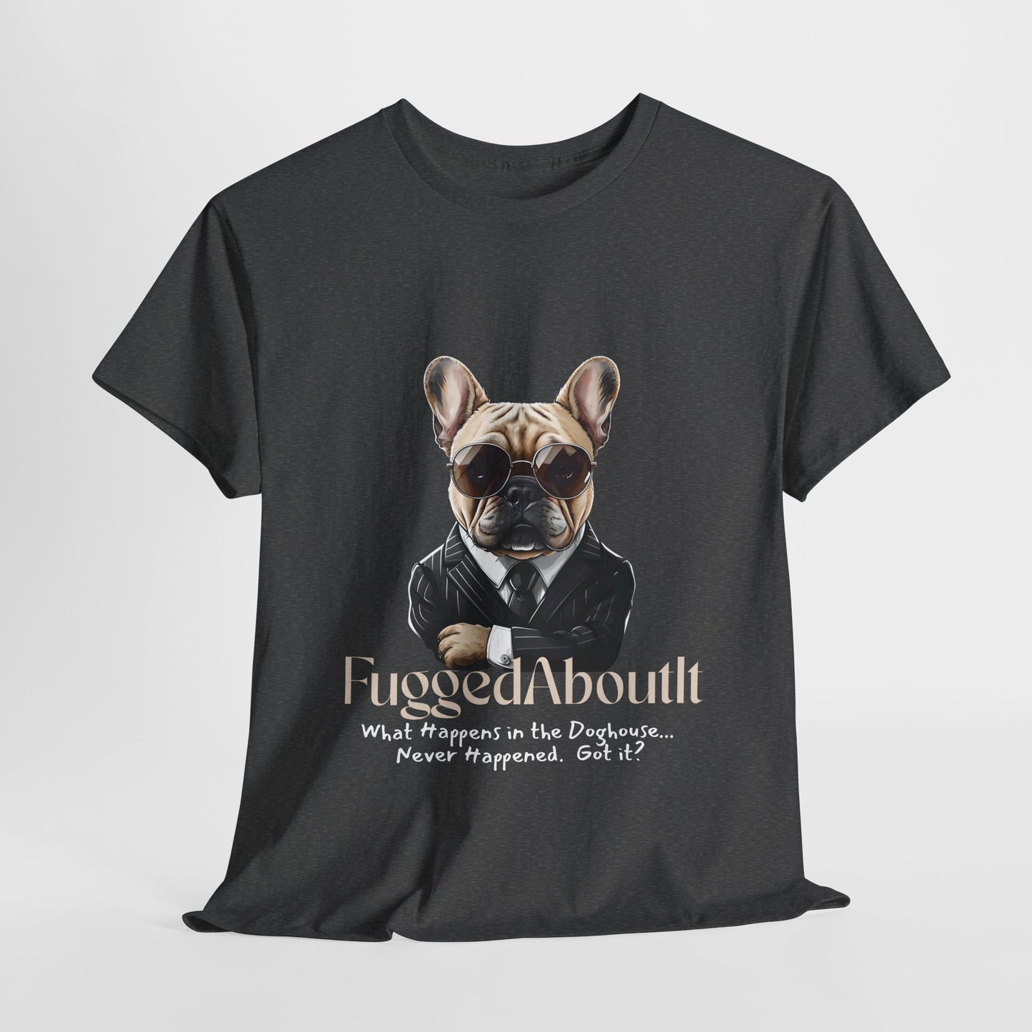 Black t-shirt with a graphic of a dog wearing sunglasses and a suit, and text on a white background.