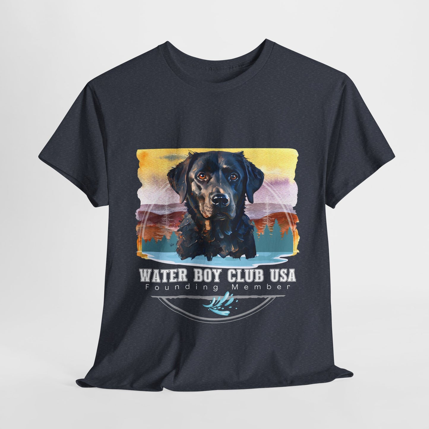 Black t-shirt with a dog graphic and 'Water Boy Club USA' text on a light gray background