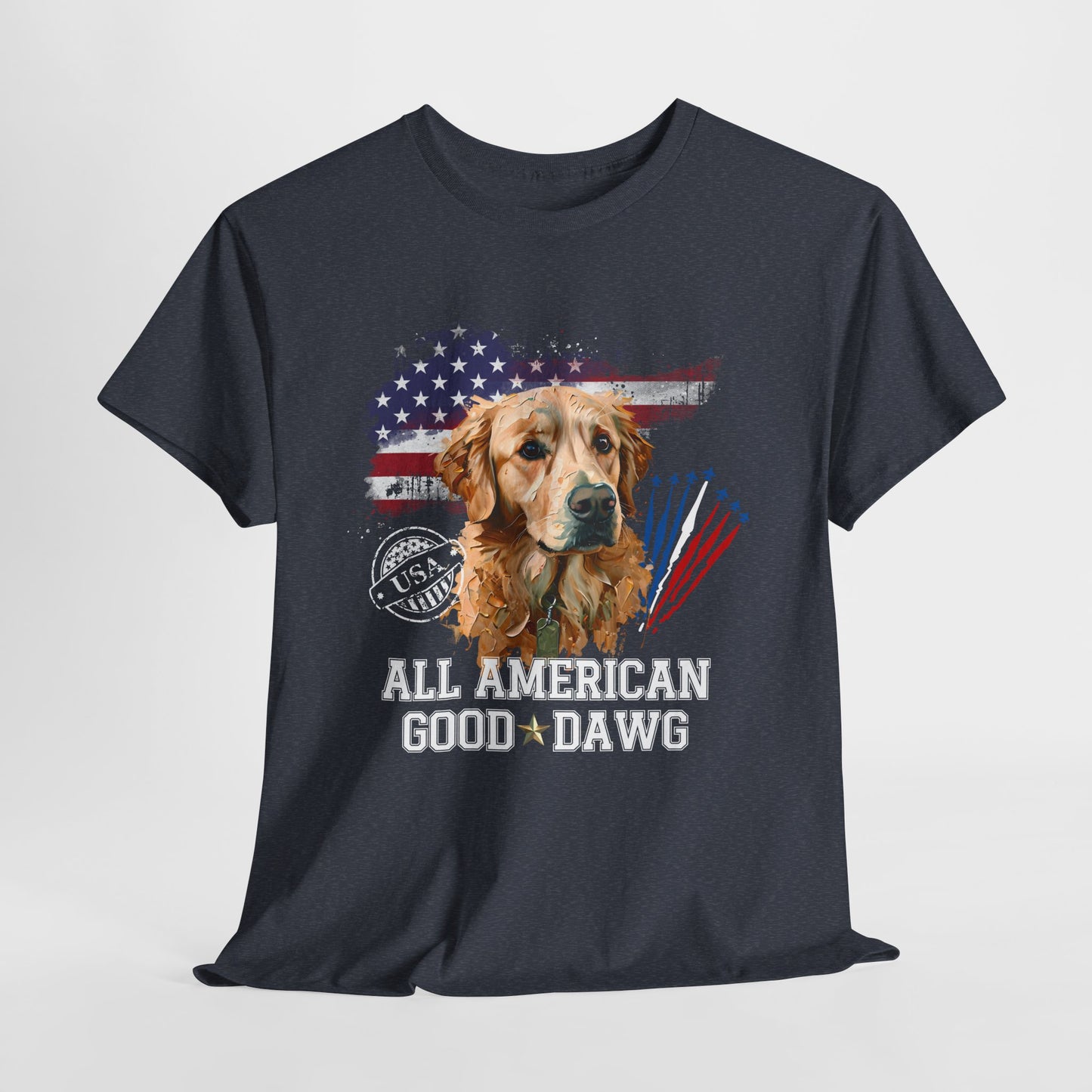 Black t-shirt with a dog graphic and 'All American Good Dawg' text on a white background