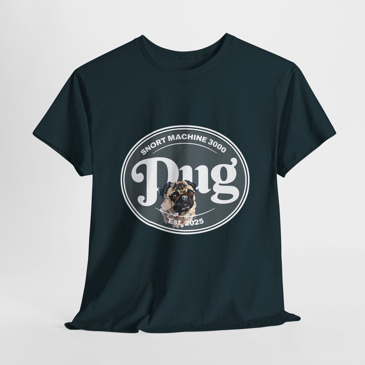 Black t-shirt with a graphic of a pug and text on a light gray background