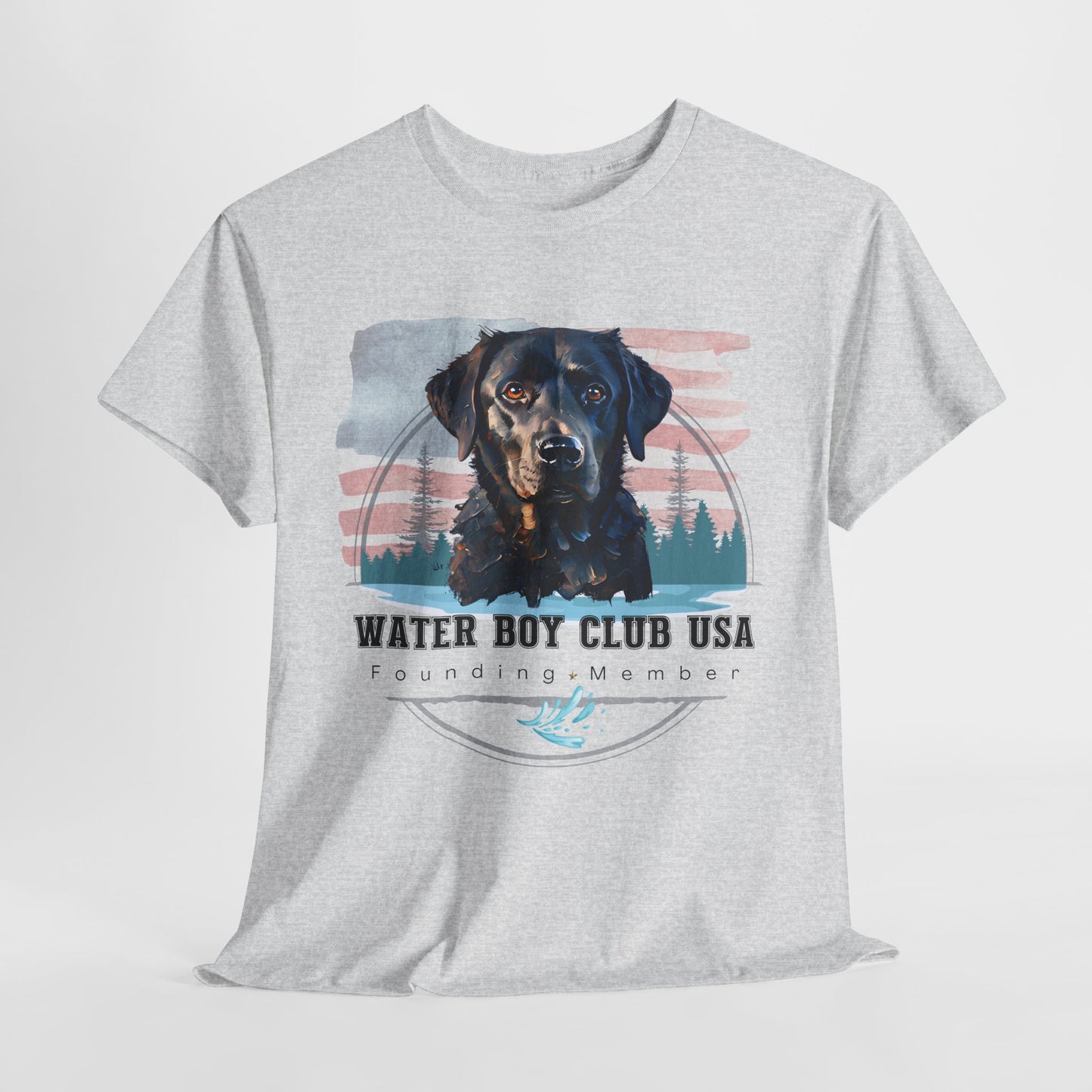 Gray t-shirt with a dog graphic and 'Water Boy Club USA' text on a white background