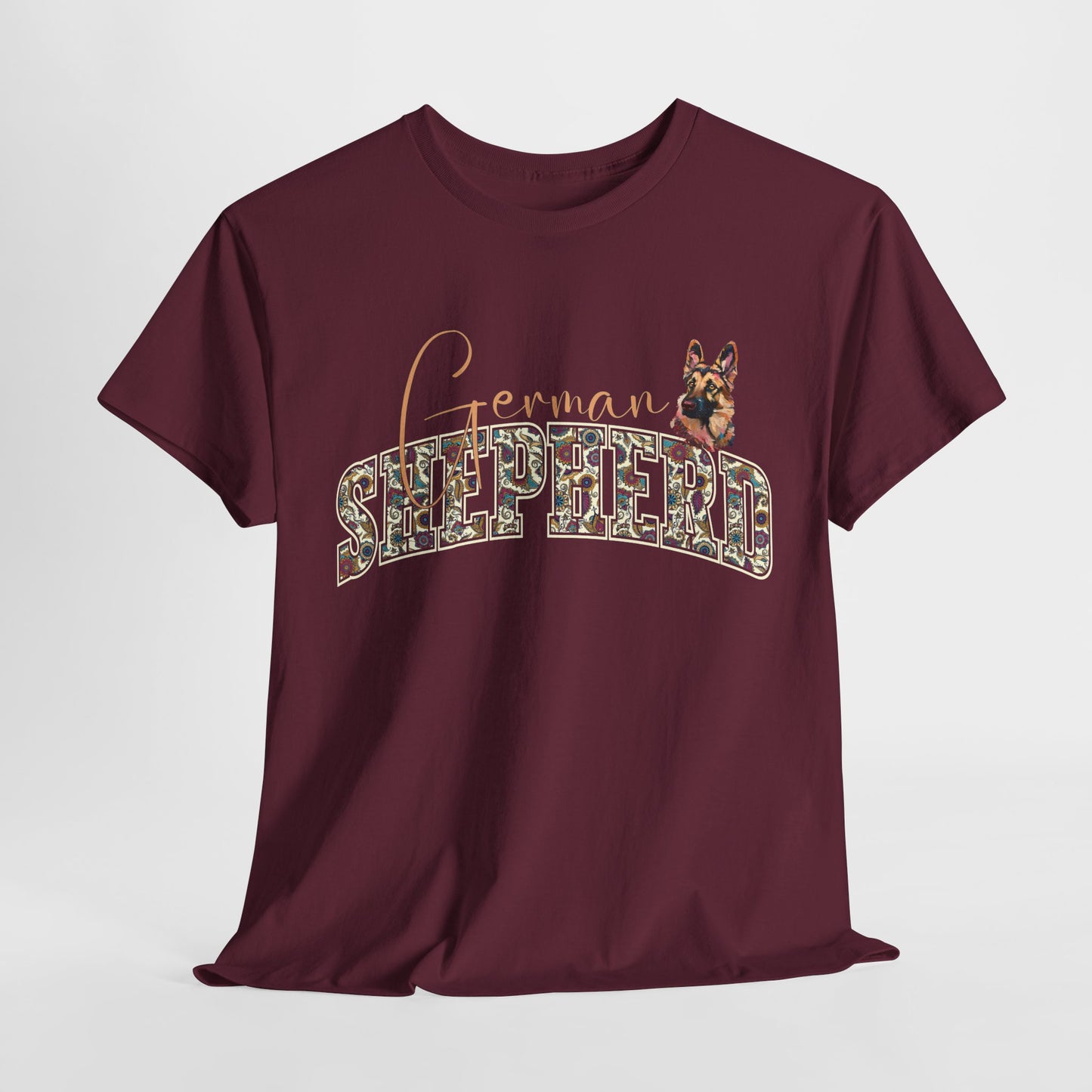Maroon t-shirt with 'Fernan Shepherd' design on a white background