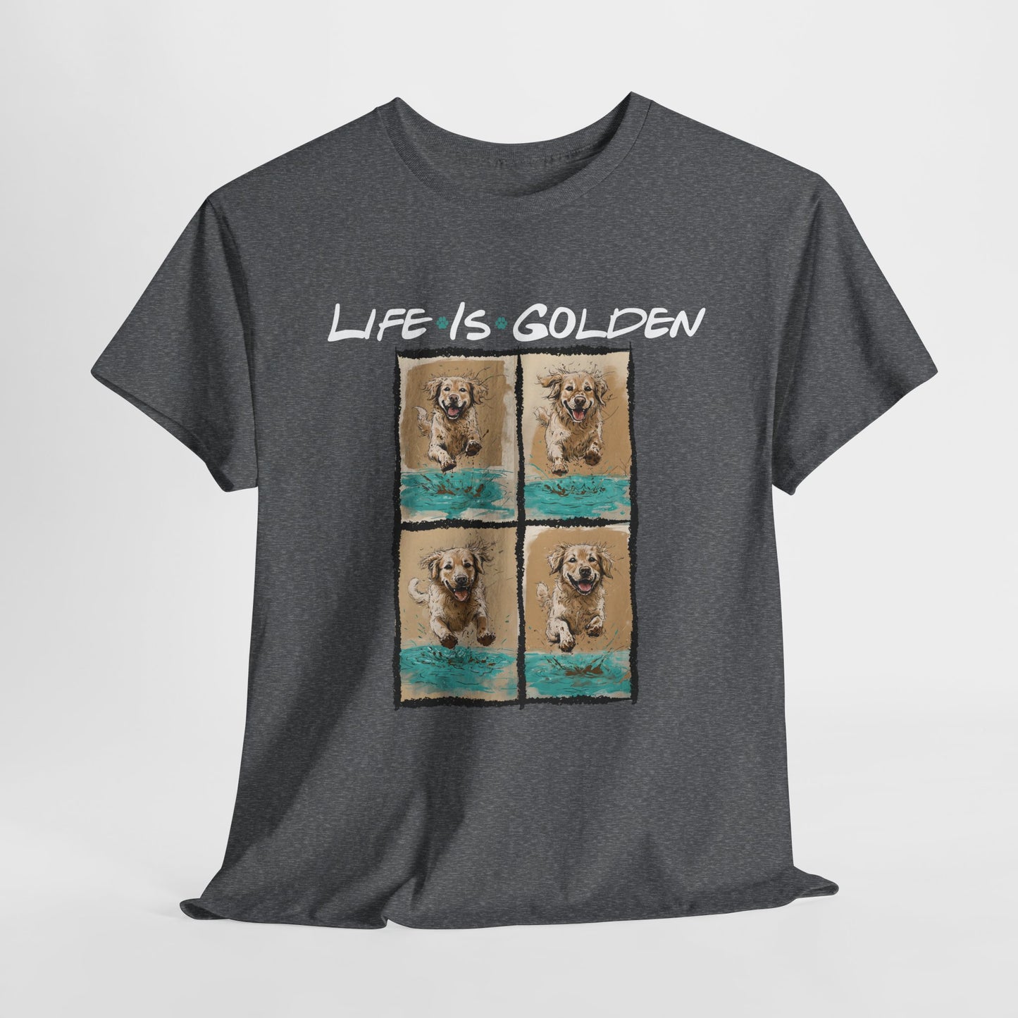 Gray t-shirt with 'Life is Golden' text and dog images on a light gray background