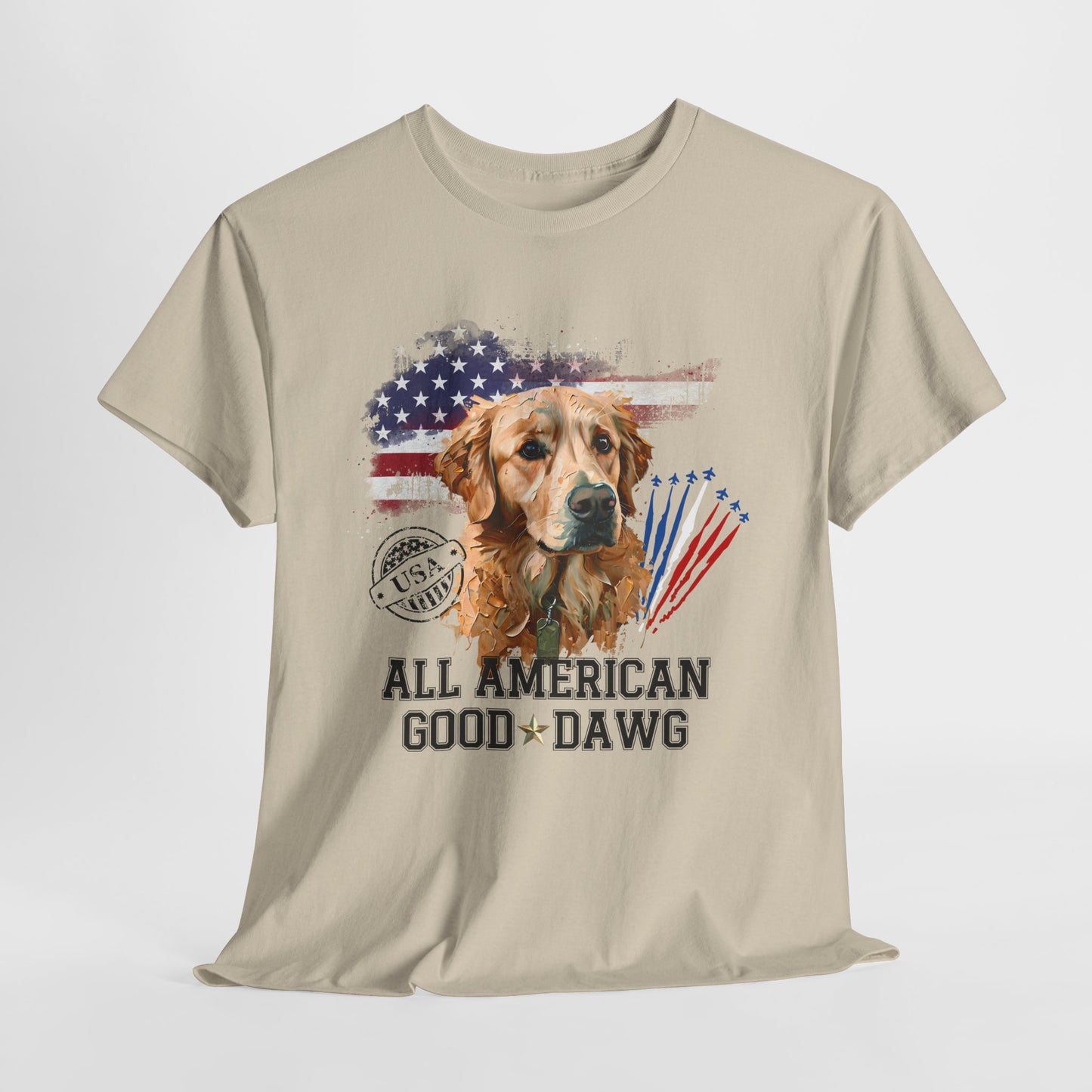 Beige t-shirt with a dog graphic and 'All American Good Dawg' text on a white background