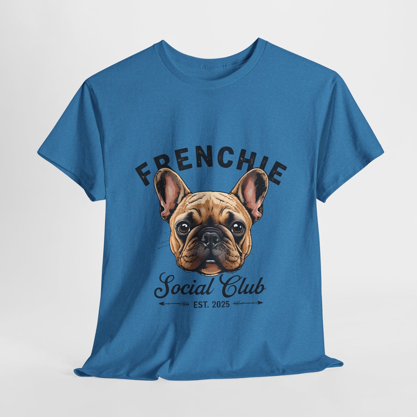 Blue t-shirt with a French Bulldog graphic and 'FRENCHIE Social Club' text on a white background