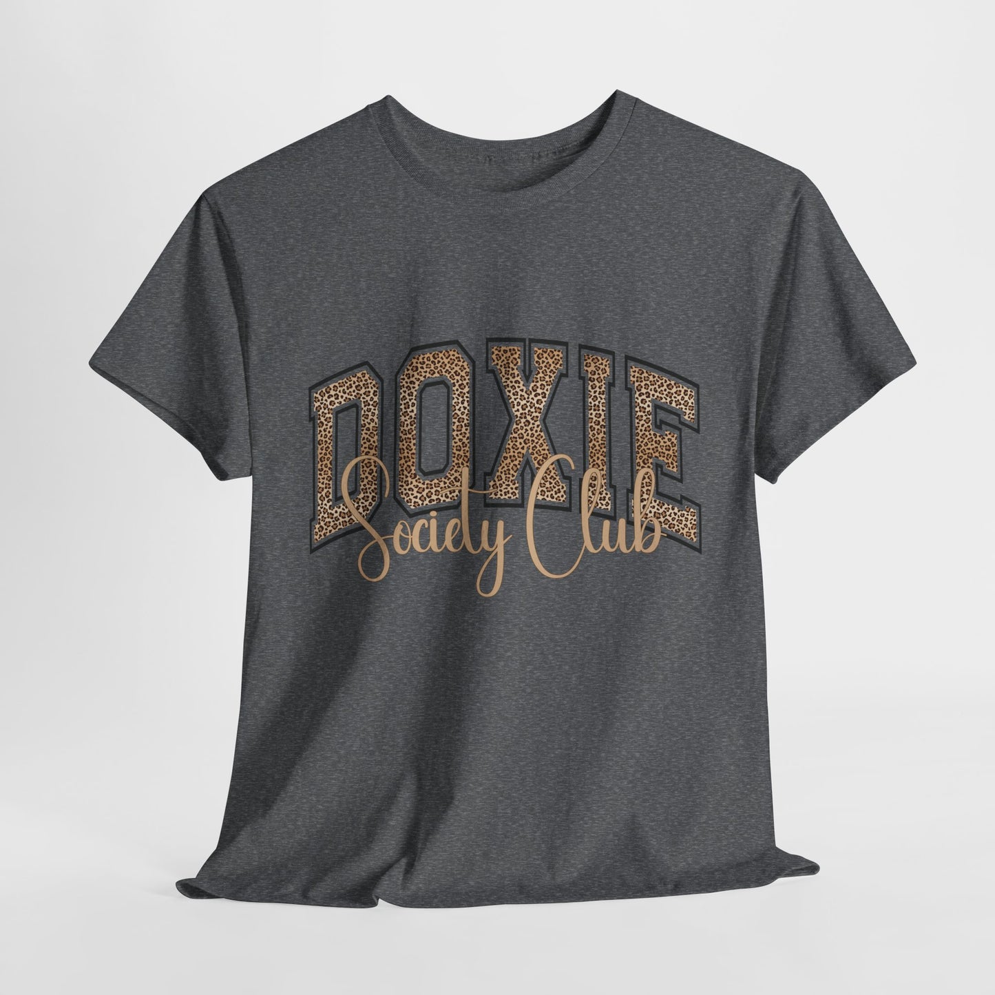 Gray t-shirt with 'DOXIE Society Club' text on a light gray background