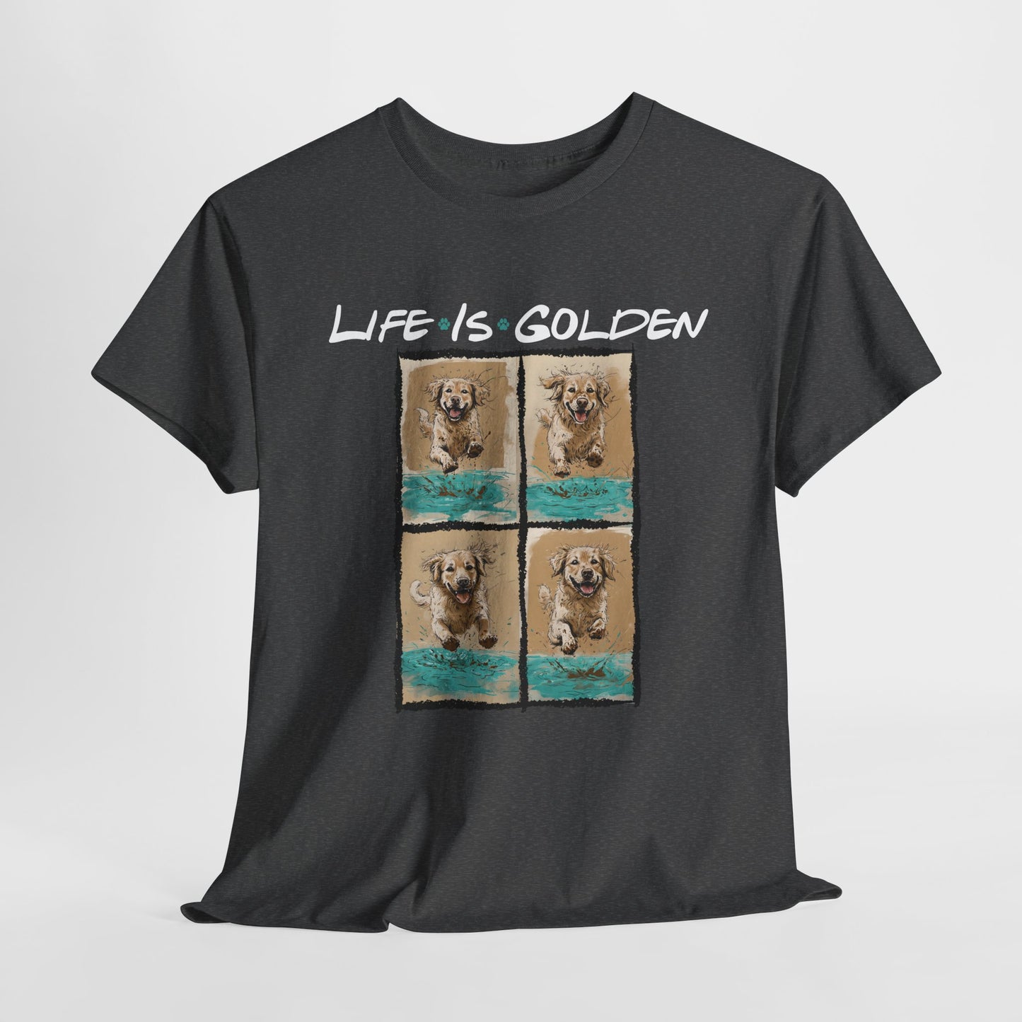 Black t-shirt with 'Life is Golden' text and dog images on a gray background