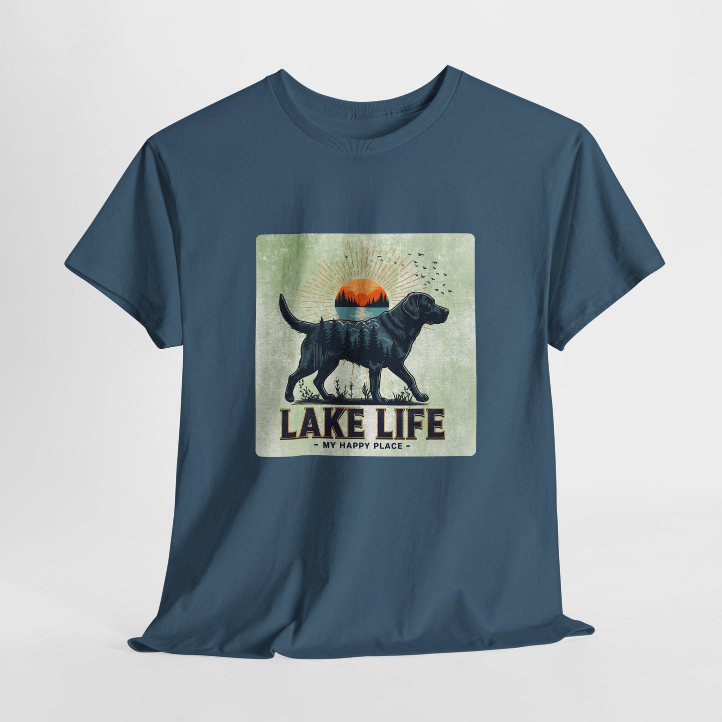 Blue t-shirt with a graphic of a dog and 'Lake Life My Happy Place' text on a white background