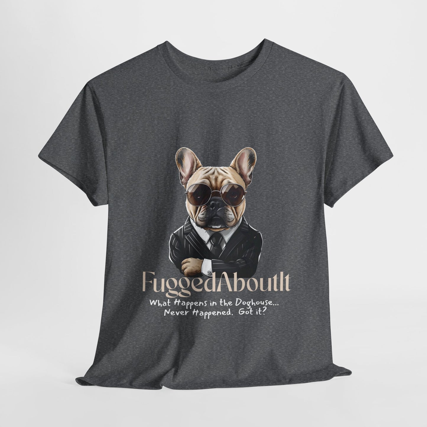 Gray t-shirt with a dog graphic and text on a light gray background