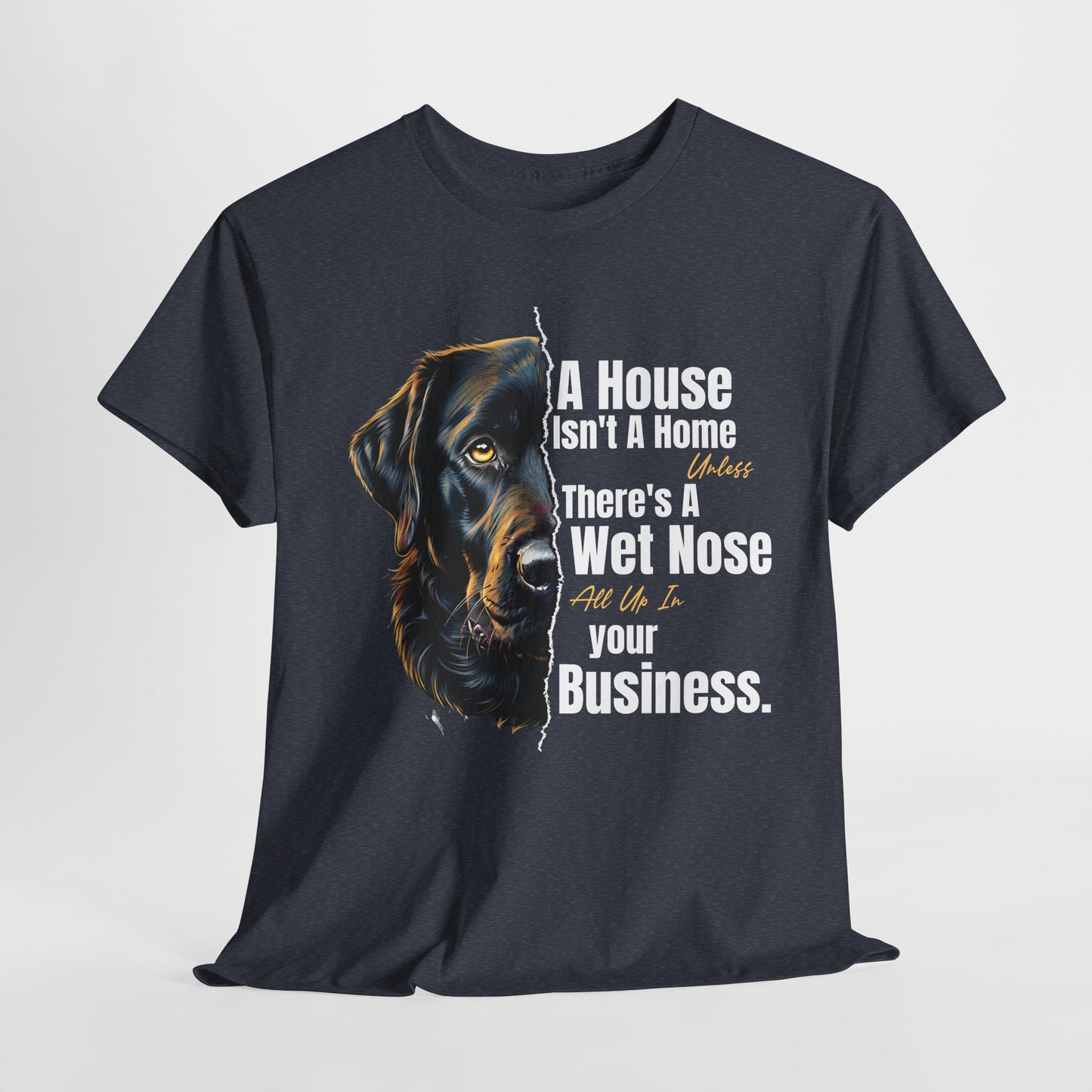 Black t-shirt with a dog graphic and humorous text on a white background