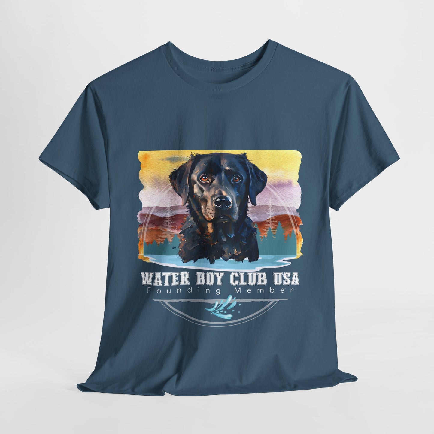 Navy blue t-shirt with a dog graphic and 'Water Boy Club USA' text on a light gray background