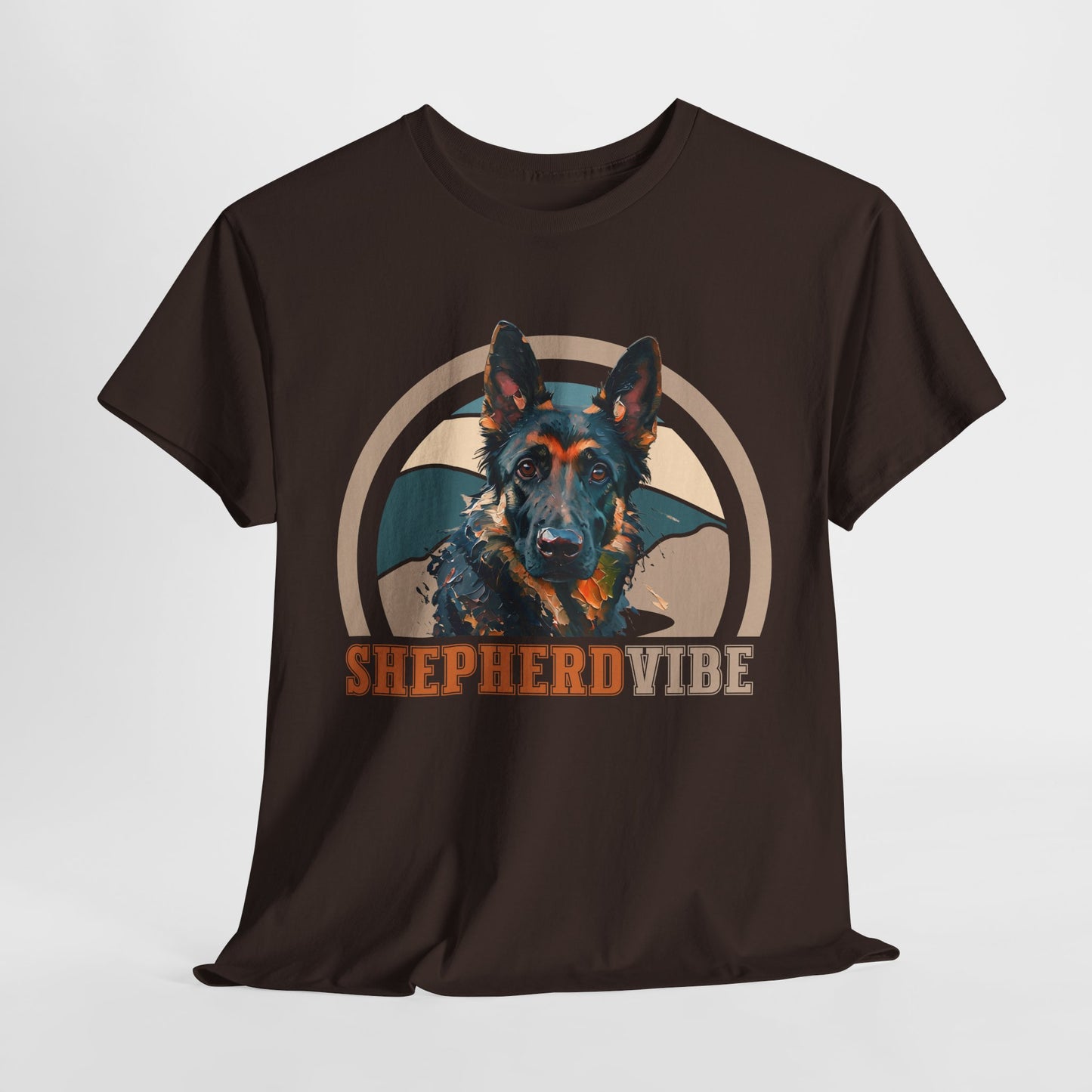 Black t-shirt with a dog graphic and 'Shepherd Vibe' text on a white background