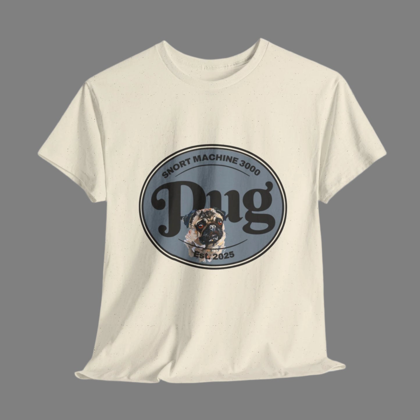 Beige t-shirt with a graphic design featuring a dog and text on a white background