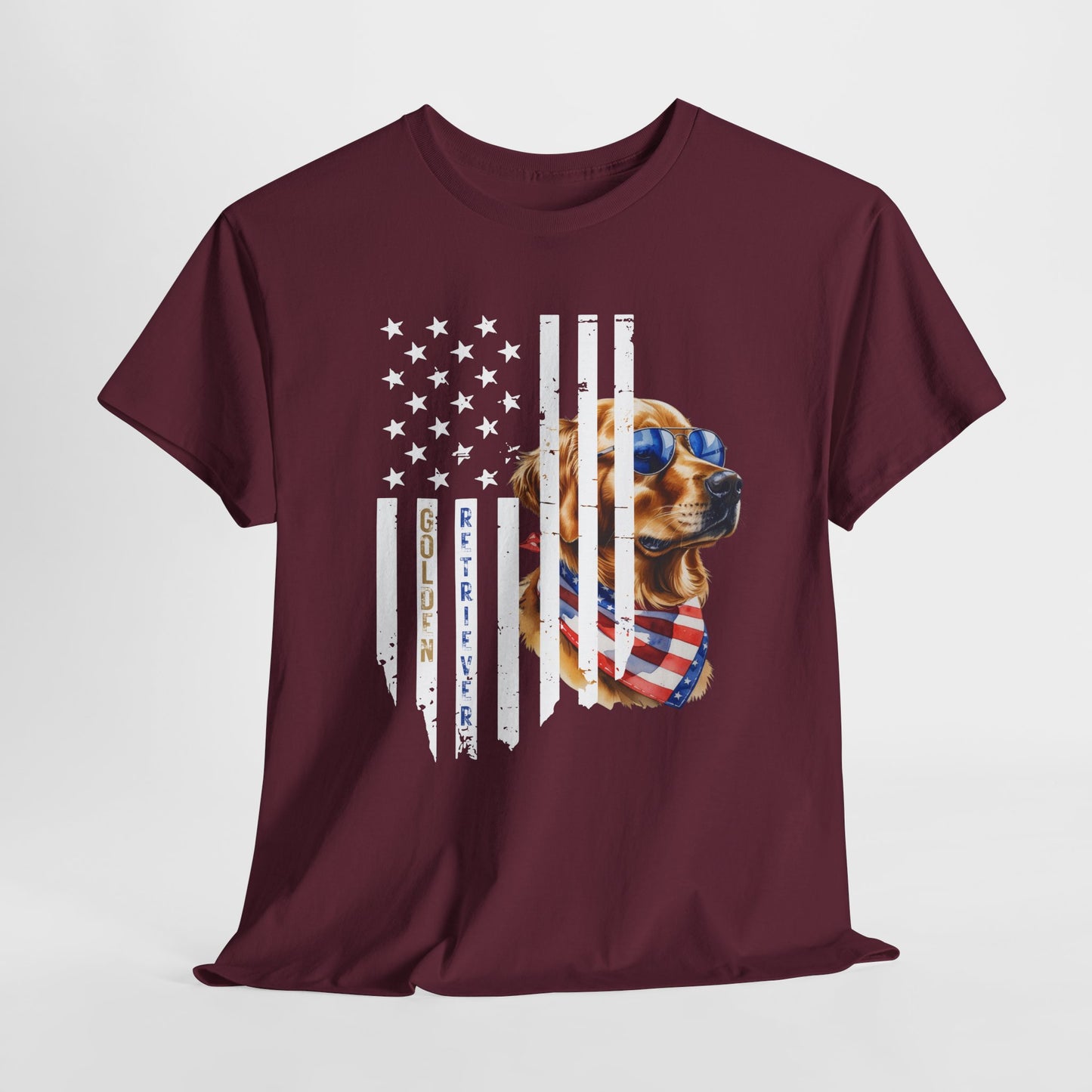 Maroon t-shirt with a dog wearing sunglasses and an American flag design on a white background