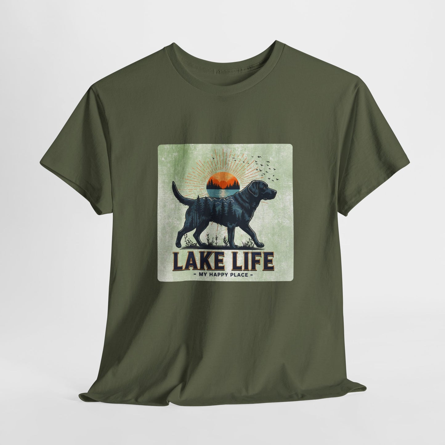 Green t-shirt with a graphic of a dog and 'Lake Life My Happy Place' text on a white background